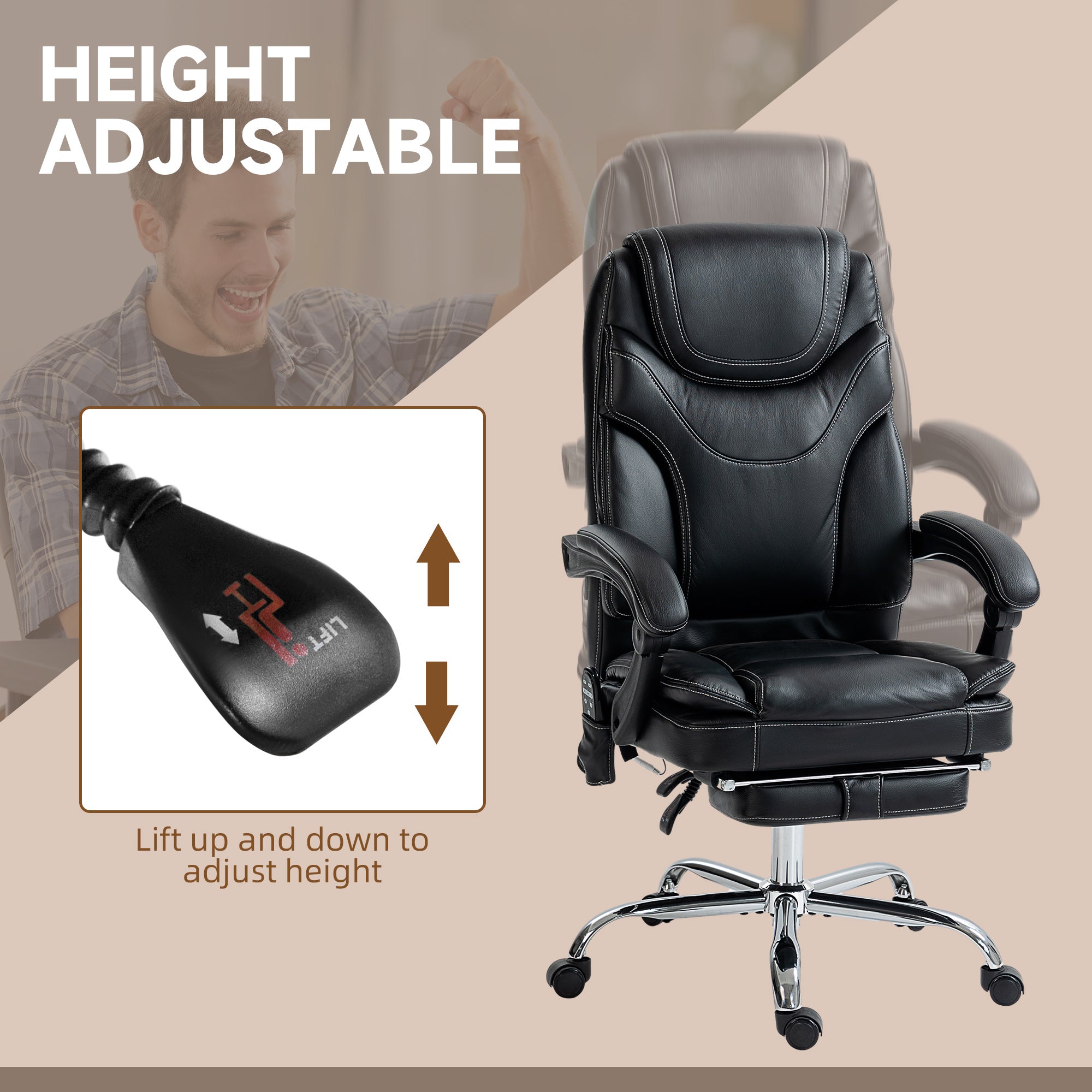 Vinsetto 6 Point Vibration Massage Ergonomic Office Chair PU Leather Heated Reclining Computer Desk Seat Footrest Lumbar Support Black 