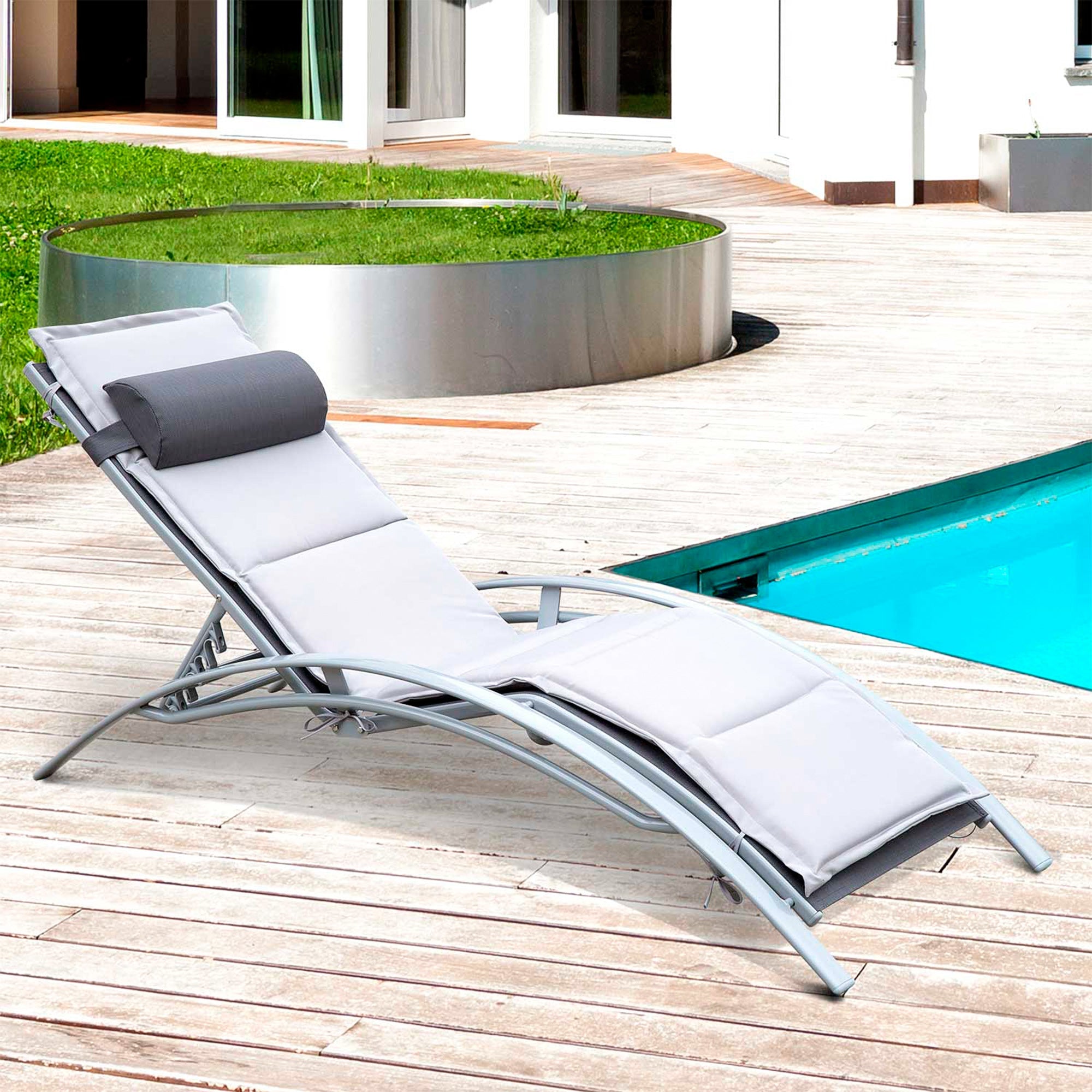 Outsunny Patio Tanning Chair with Cushion Grey Aluminum 5-Level Adjustable Backrest and Head Pillow 