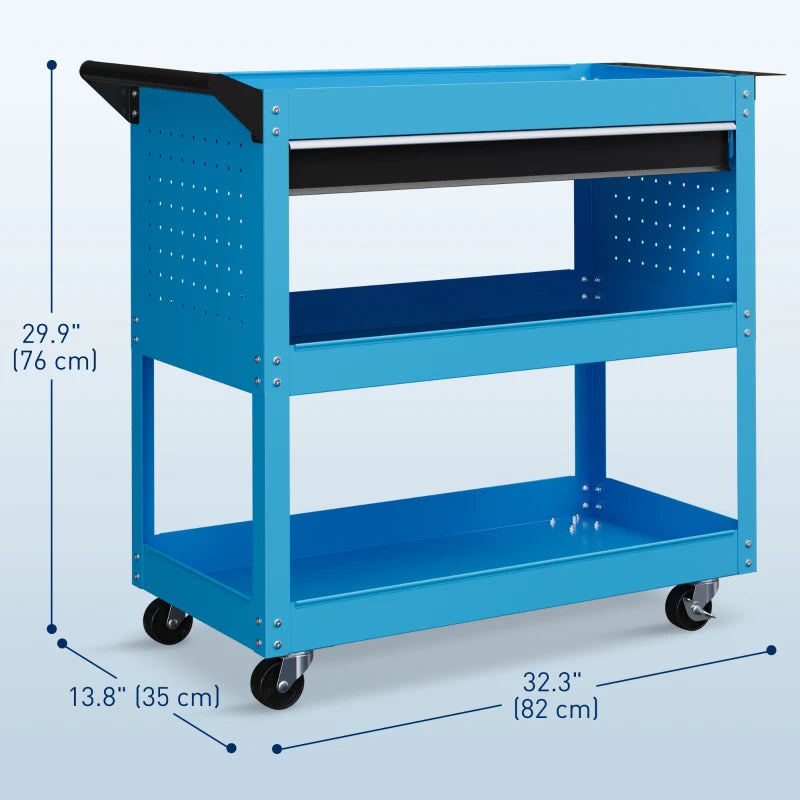 Tool Cart on Wheels, Utility Cart with Wheels, Ball Bearing Drawer, Storage Trays for Garage, Warehouse, Workshop, Blue