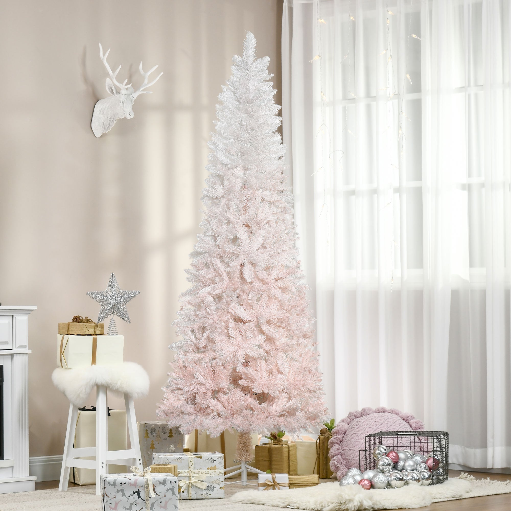 HOMCOM 7ft Pencil Artificial Christmas Tree with Pine Realistic Branches, Auto Open, Pink and White 