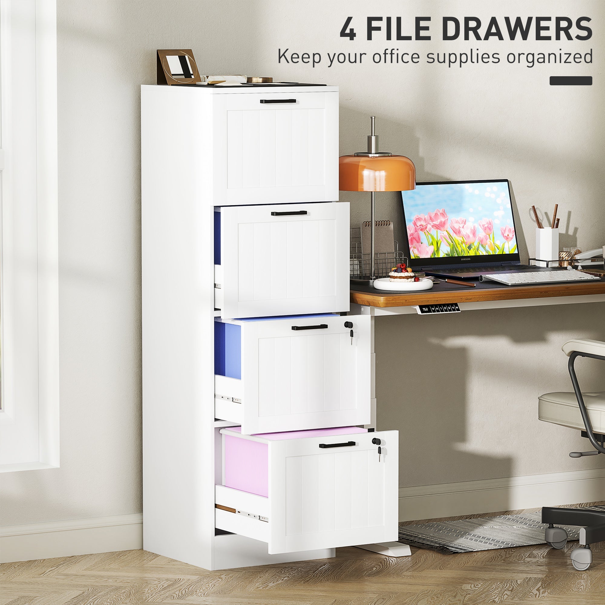 HOMCOM 4 Drawer Filing Cabinet with Lock, Office Storage Cabinet with Adjustable Hanging Bars for A4 Letter Size Files, White 