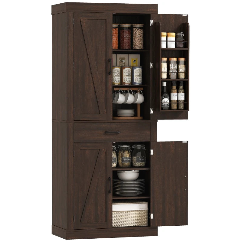 72" Kitchen Pantry Cabinet, Farmhouse Kitchen Storage Cabinet with 4 Barn Doors, 6 Door Shelves, Drawer, Brown