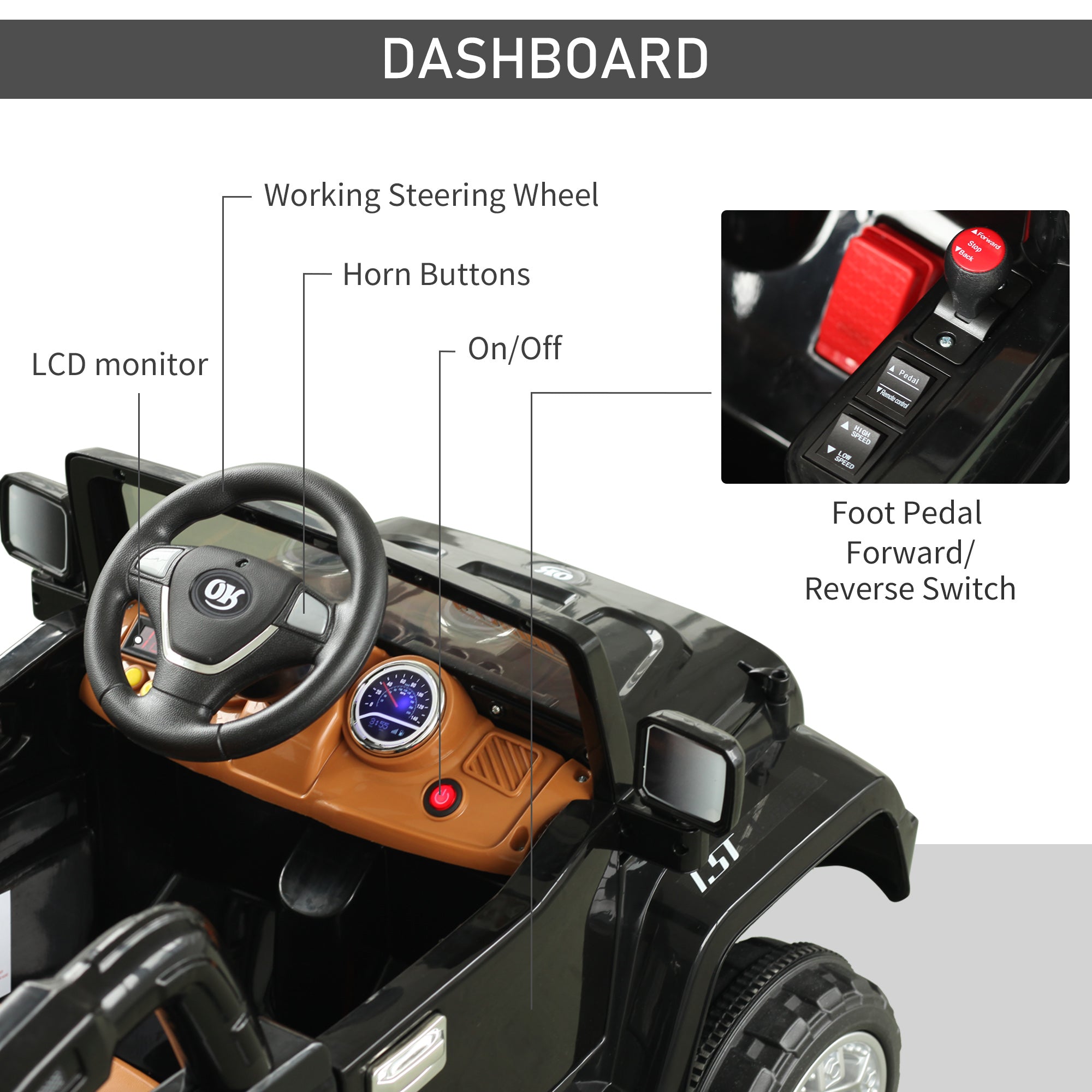 Aosom 12V Kids Electric Ride-On Truck Car Toy with Remote Control Lights MP3 LCD Indicator Black 