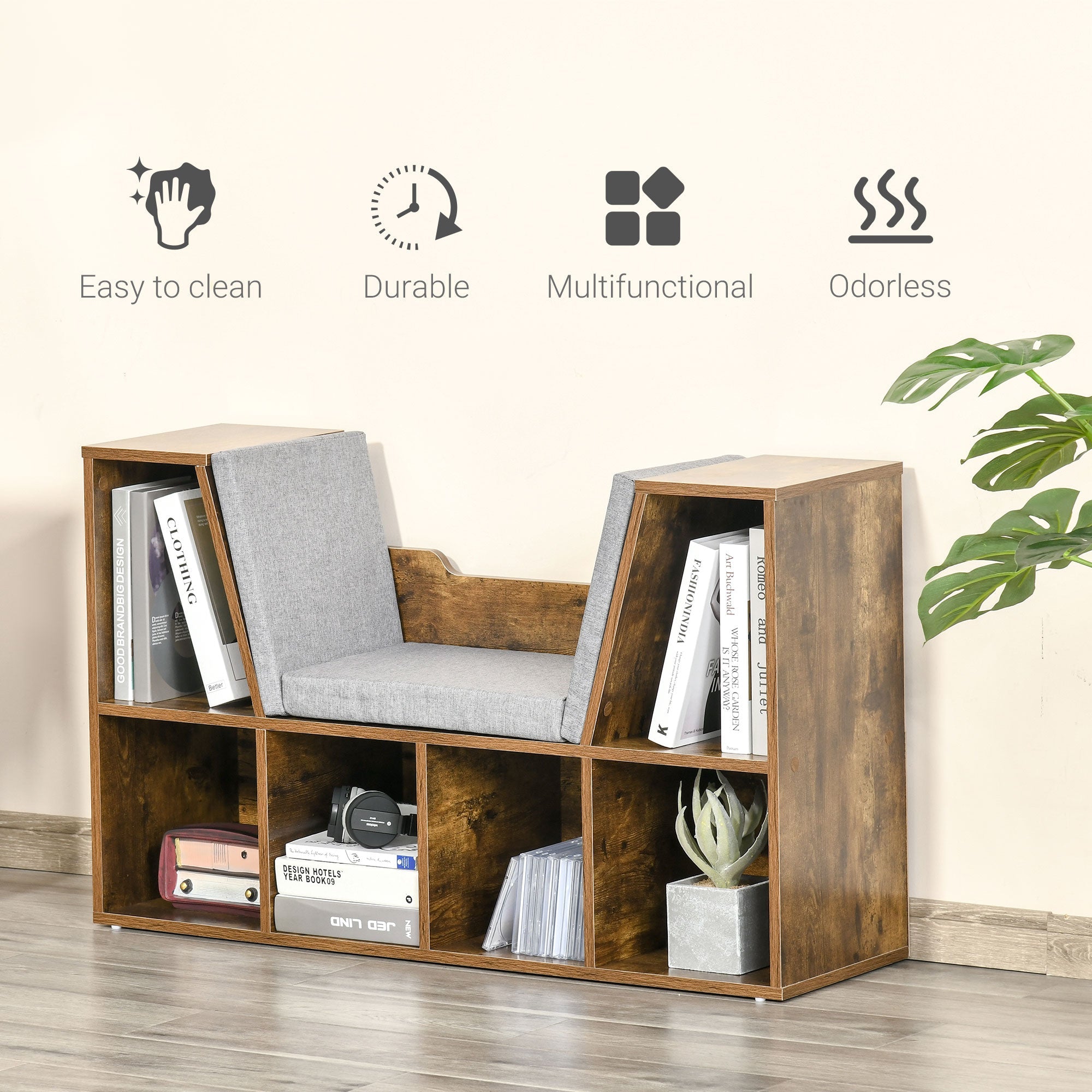 HOMCOM 6-Cubby Bookcase with Seat Cushion, Cube Storage Shelf with Reading Nook for Home Office, Study, Rustic Brown 