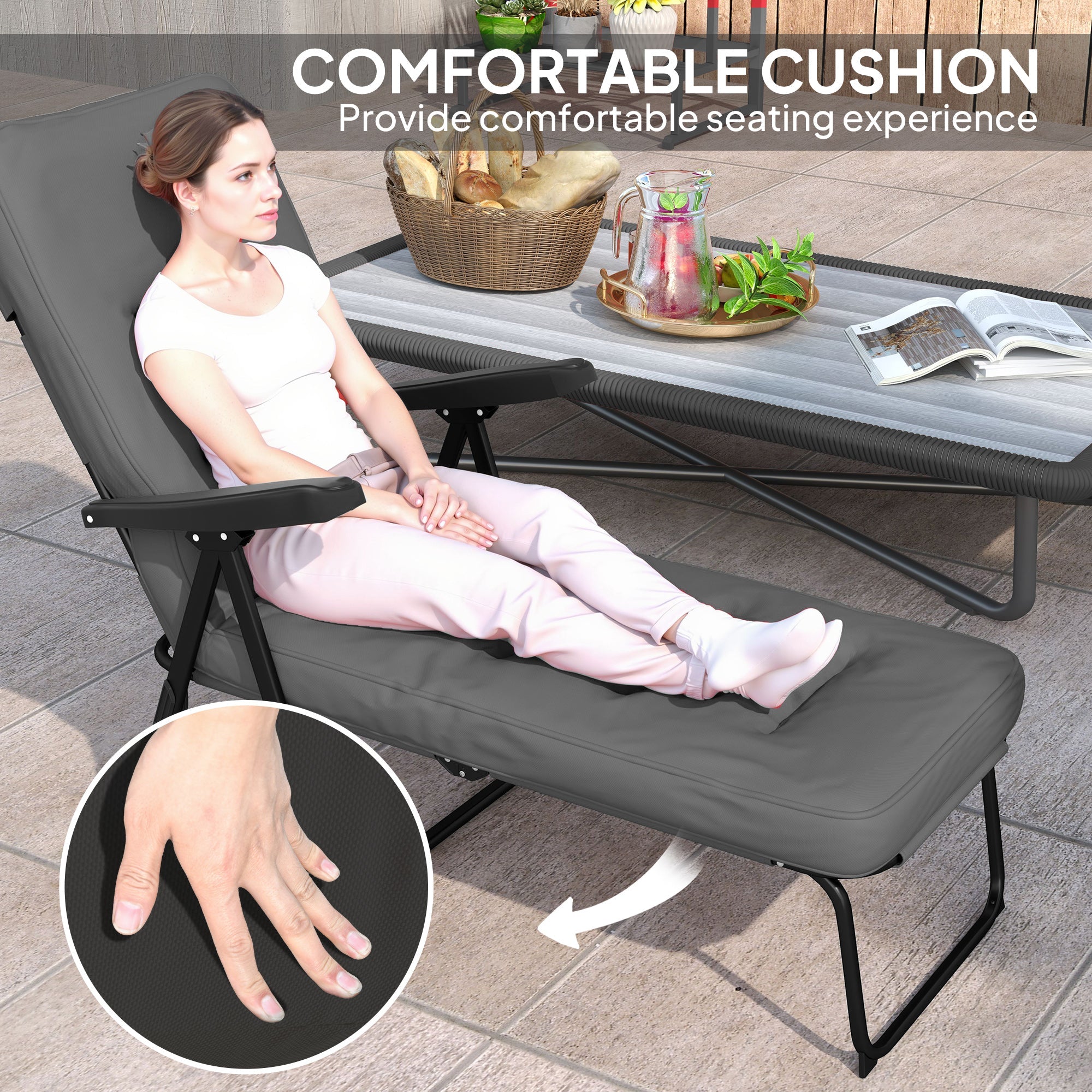 Outsunny Folding Outdoor Lounge Chair with Cushion, Adjustable Backrest, Reclining Patio Garden Chair with Footrest, Black 