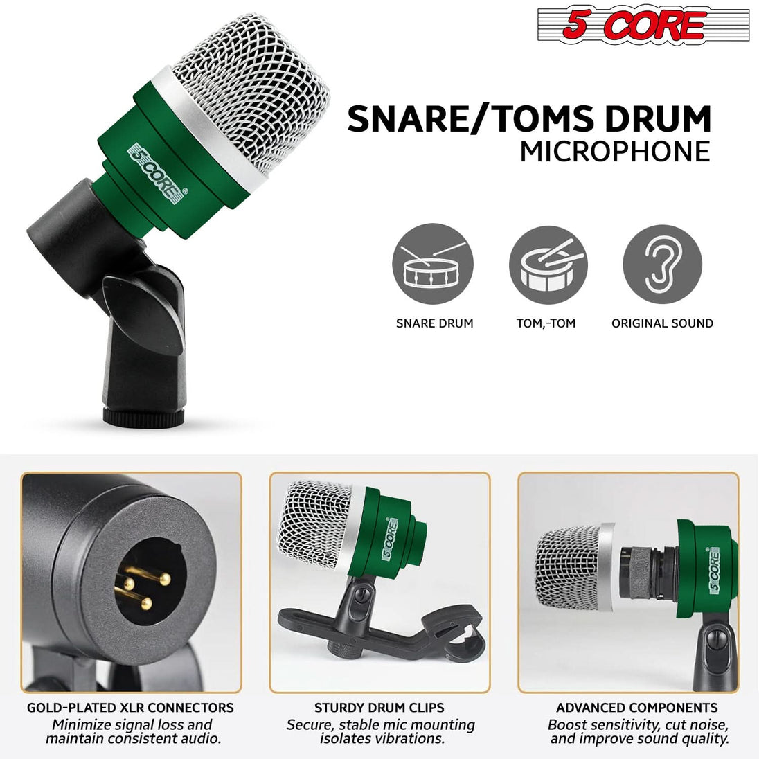 5Core Drum Mic Kit 7 Pcs Kick Bass Tom Snare Dynamic Microphone Instrument Mics Set Green