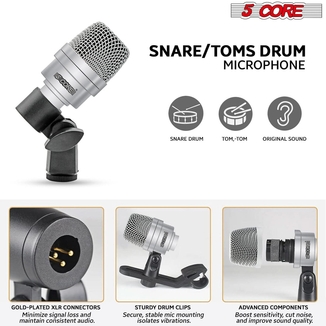 5Core Drum Mic Kit 7 Pcs Kick BassTom Snare Dynamic Microphone Instrument Mics Set Silver