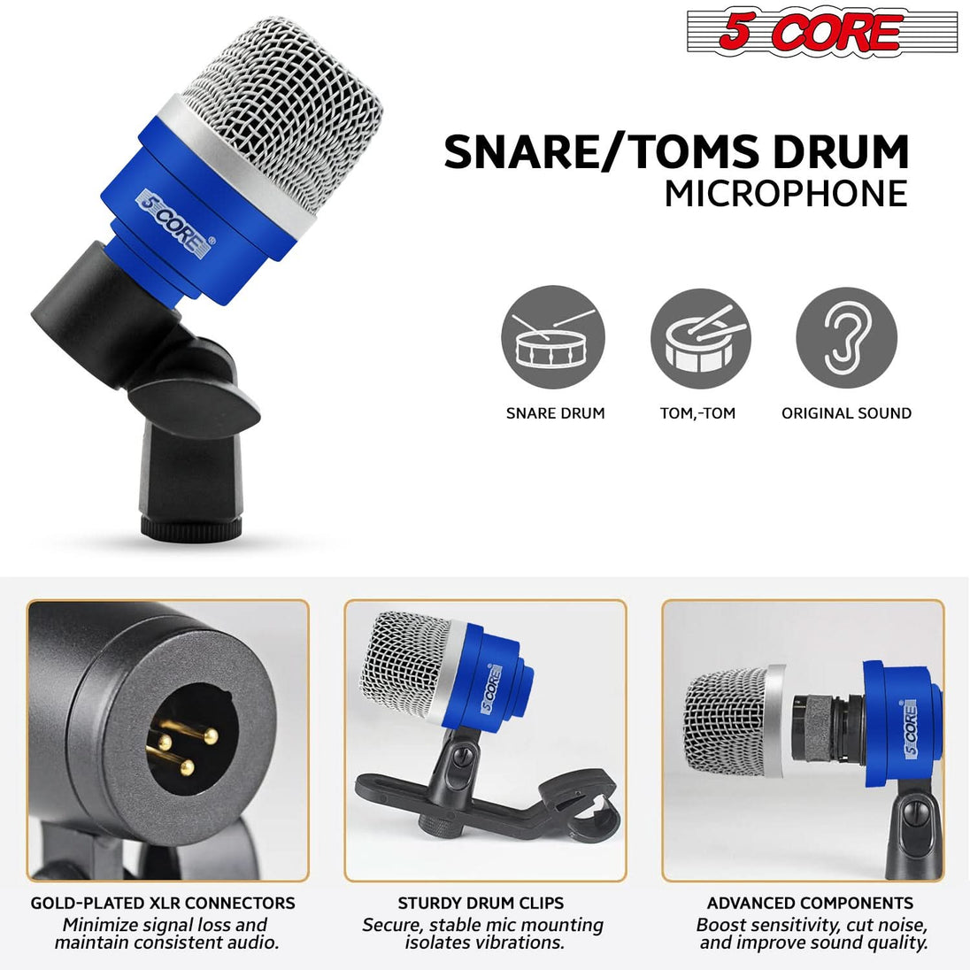 5Core Drum Mic Kit 7 Pcs Kick BassTom Snare Dynamic Microphone Instrument Mics Set Blue