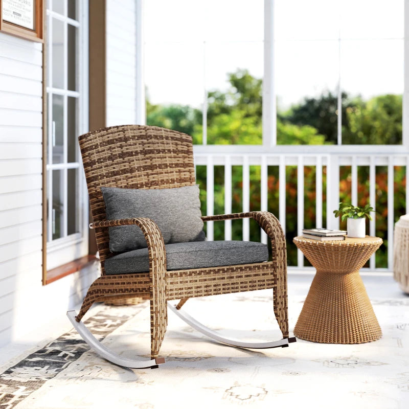 Adirondack Chair, Outdoor Wicker Rocking Chair with High Back, Seat Cushion and Pillow for Porch, Balcony, Grey/Yellow