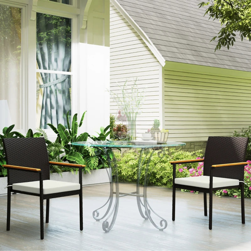 Stackable Wicker Patio Chairs Set of 2 with Removable Cushion, Armrest for Garden, Porch, Yard, Cream White