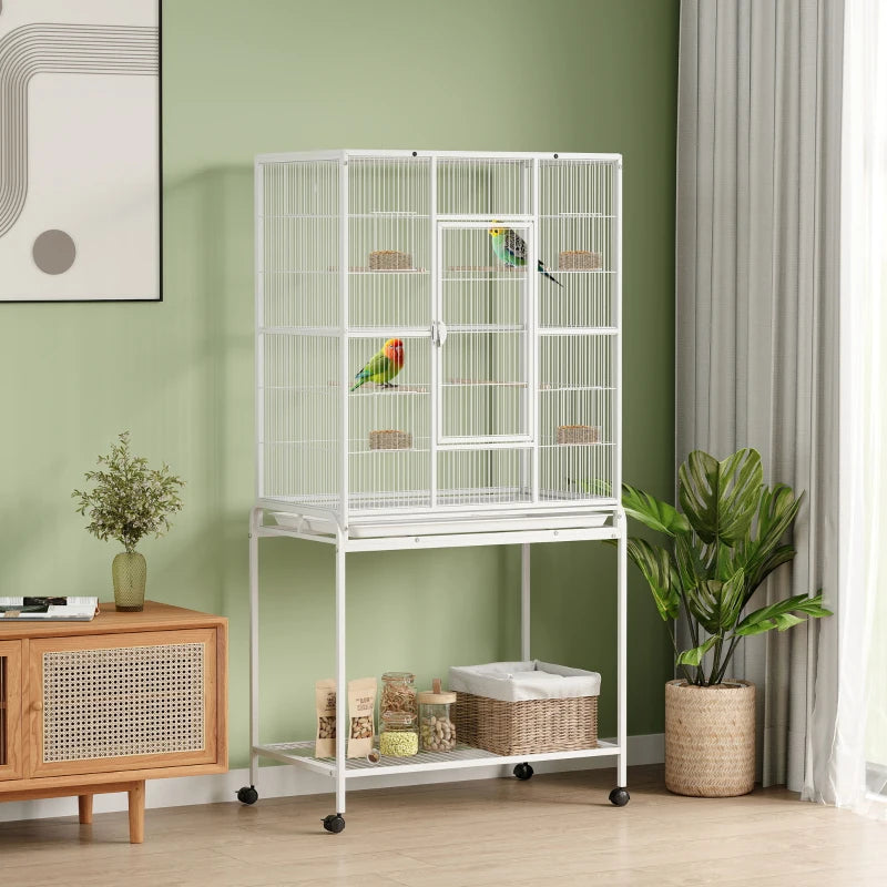 64" Large Rolling Bird Cage Bird House with Detachable Rolling Stand, Storage Shelf, Wood Perch Food Container, White
