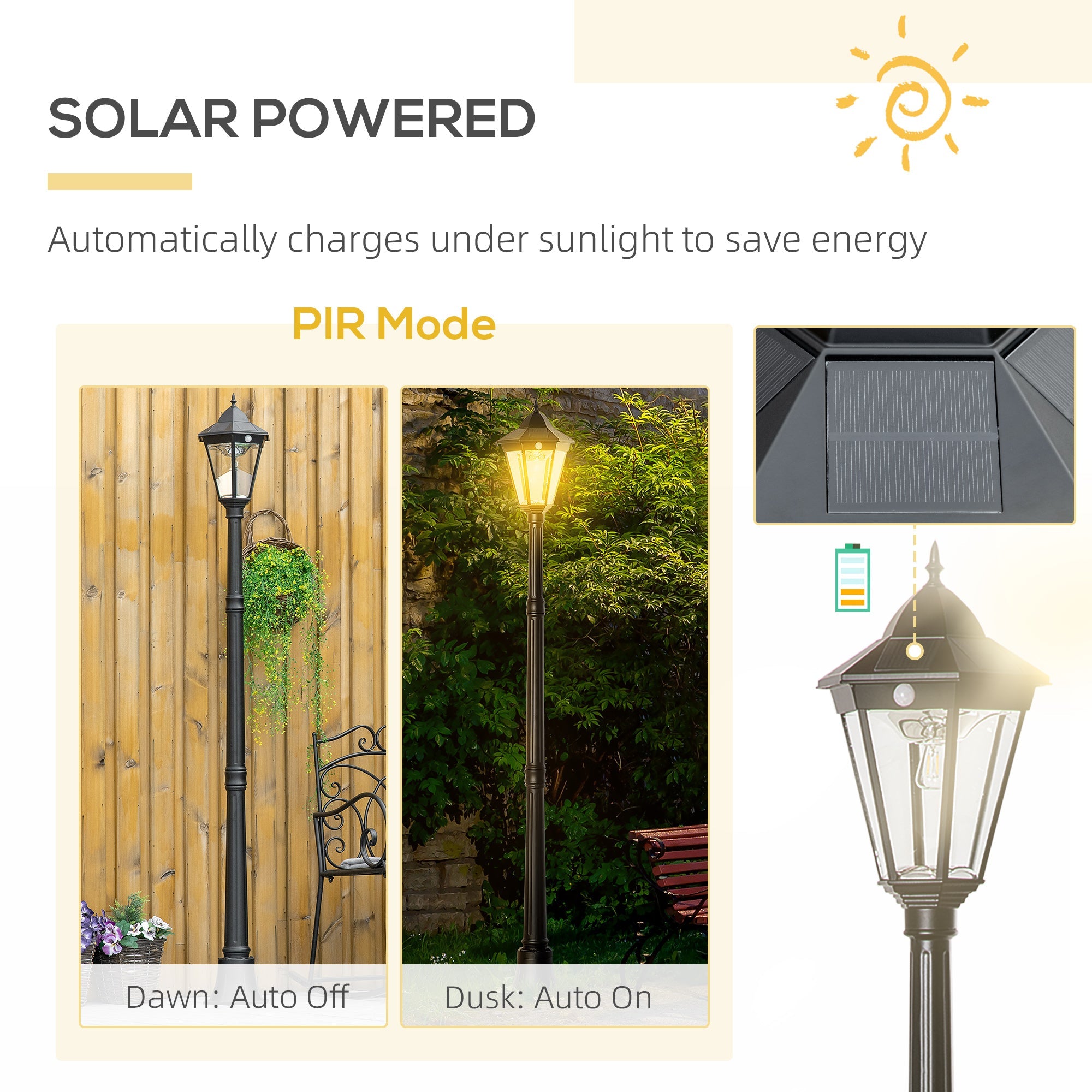 Outsunny 77" Outdoor Solar LED Lamp Post Light Street Lamp Motion Sensor PIR Adjustable Brightness Yard Black 