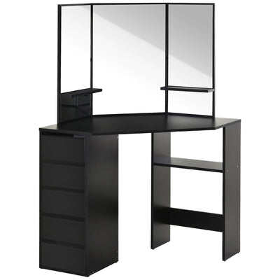 HOMCOM Corner Vanity Table Small Makeup Desk with Drawers and Mirror for Bedroom Black 