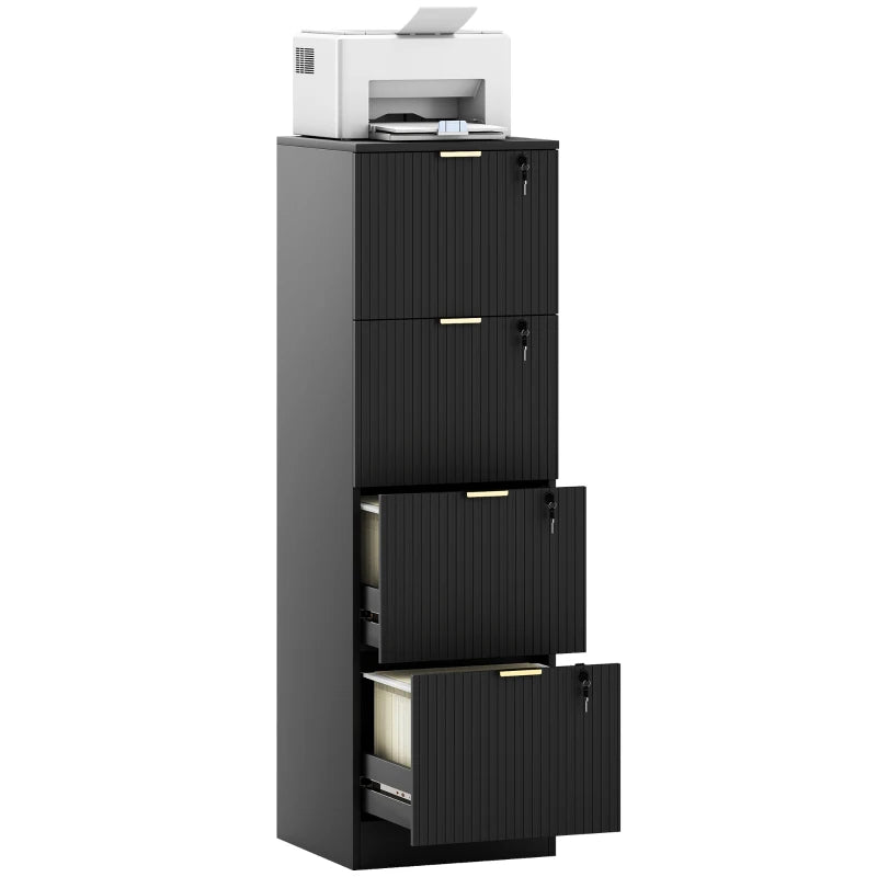 Lockable Filing Cabinet with 4 Fluted Drawers, File Cabinet with Adjustable Hanging Rails for A4 Letter Files, Black