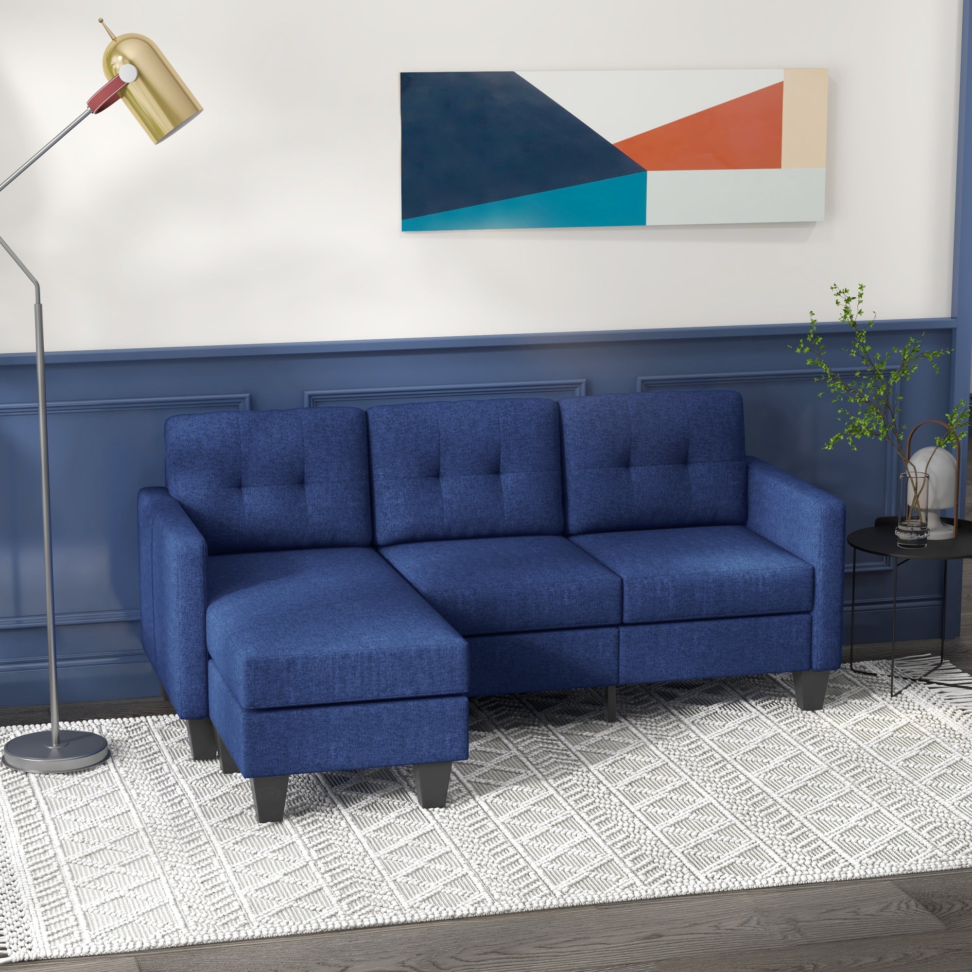 HOMCOM L-shaped Sofa, 3 Seater Sectional Couch with Ottoman, Corner Sofa with Thick Padded Cushion and Wood Legs, Dark Blue 