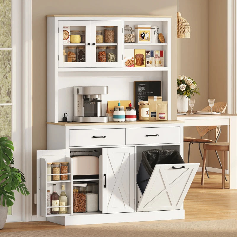 69" Kitchen Pantry Cabinet with Charging Station Kitchen Cabinet with Microwave Stand 7 Gallon Trash Can Cabinet White
