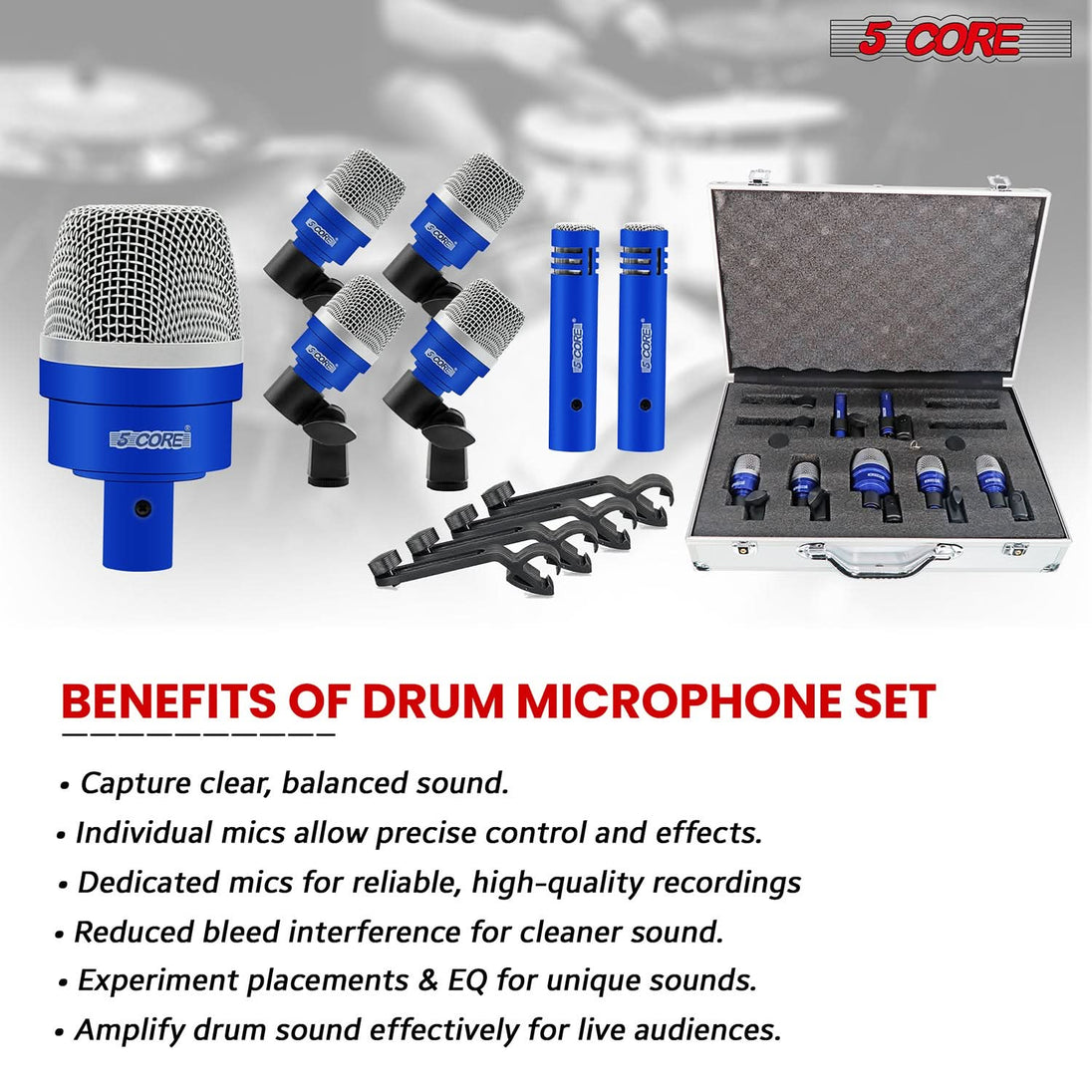 5Core Drum Mic Kit 7 Pcs Kick BassTom Snare Dynamic Microphone Instrument Mics Set Blue