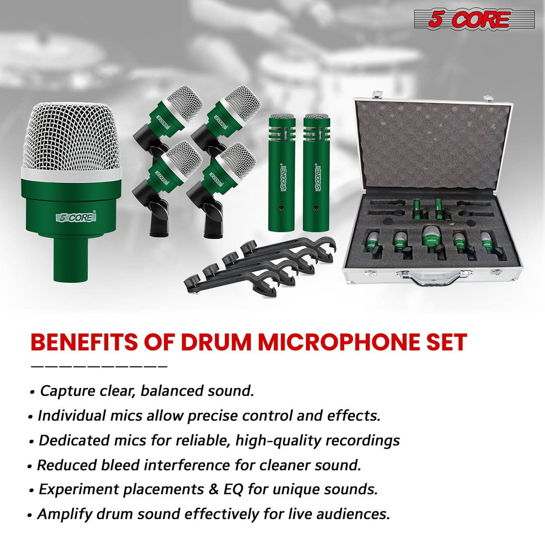 5Core Drum Mic Kit 7 Pcs Kick Bass Tom Snare Dynamic Microphone Instrument Mics Set Green