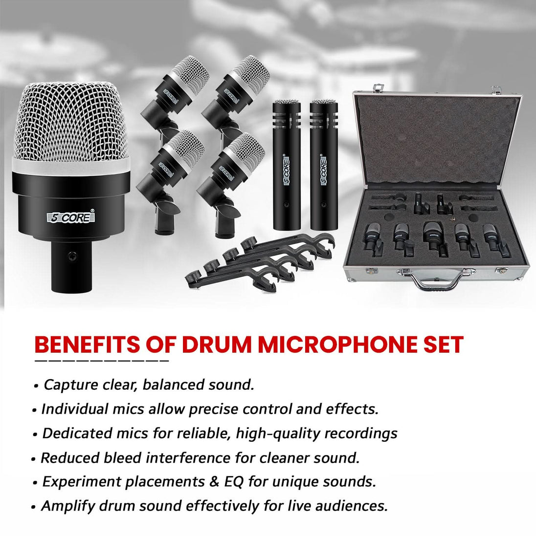 5Core Drum Mic Kit 7 Pcs Kick BassTom Snare Dynamic Microphone Instrument Mics Set Black