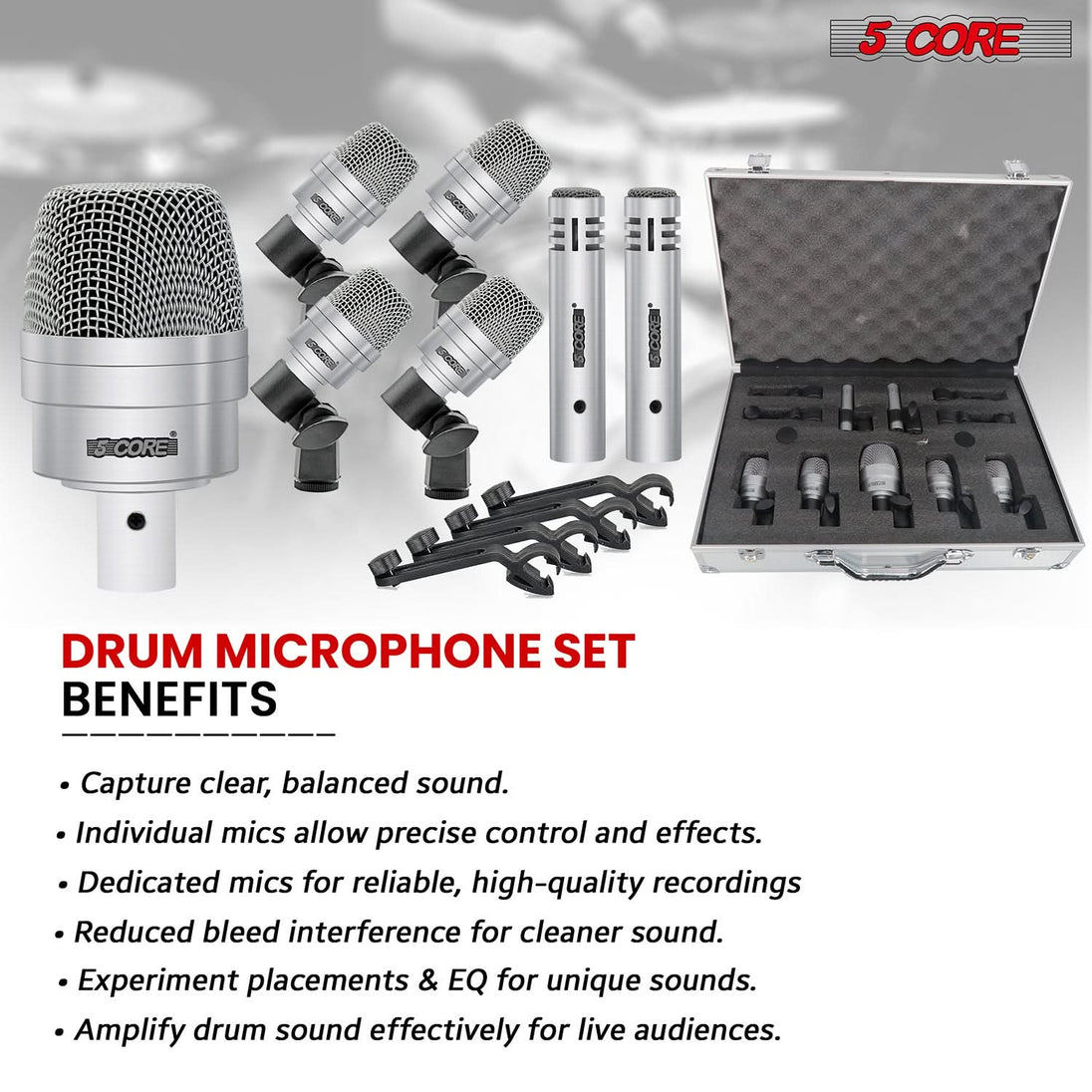 5Core Drum Mic Kit 7 Pcs Kick BassTom Snare Dynamic Microphone Instrument Mics Set Silver