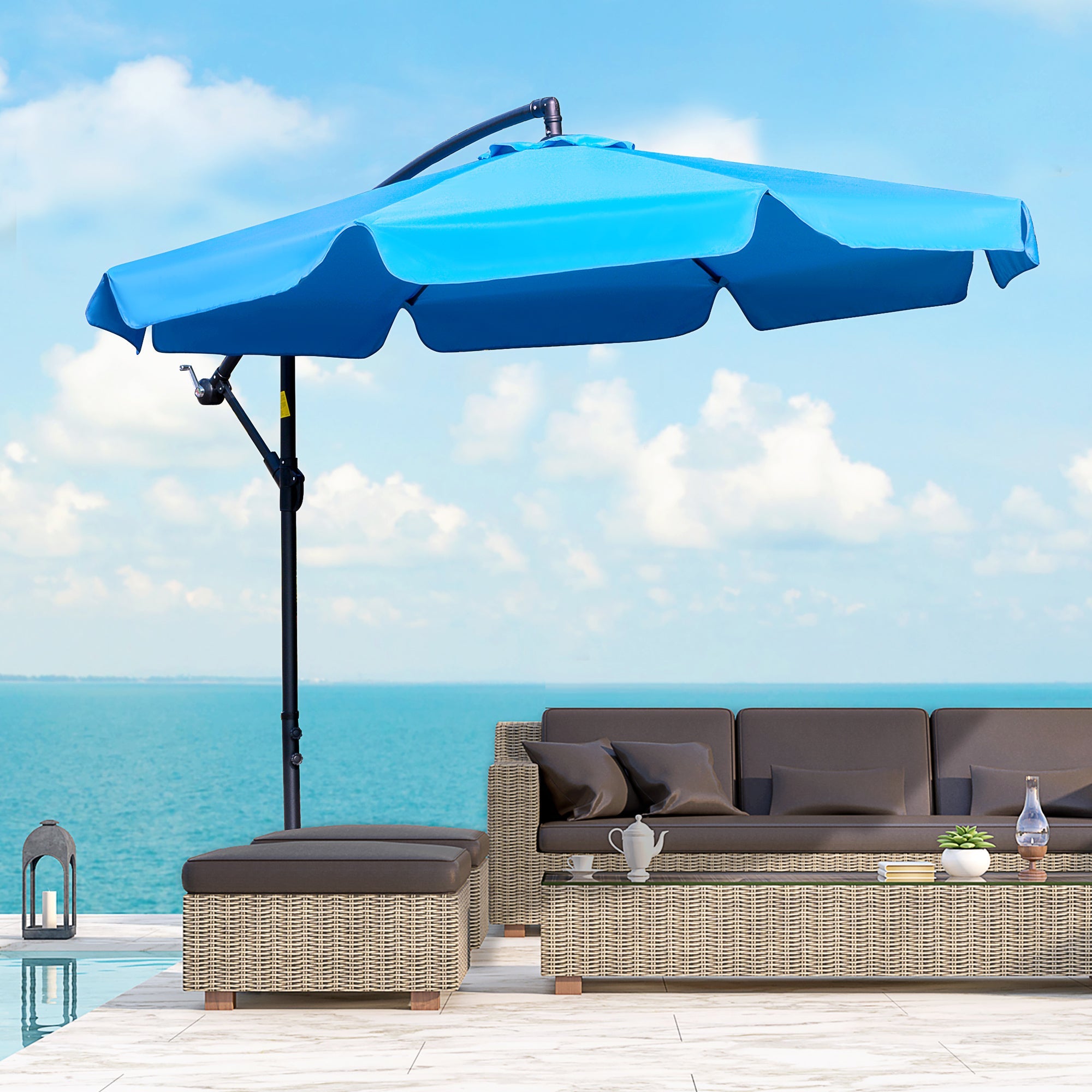 Outsunny 9FT Cantilever Patio Umbrella: Offset Design with Easy Tilt, Cross Base & 8 Ribs for Outdoor Shade, Blue 