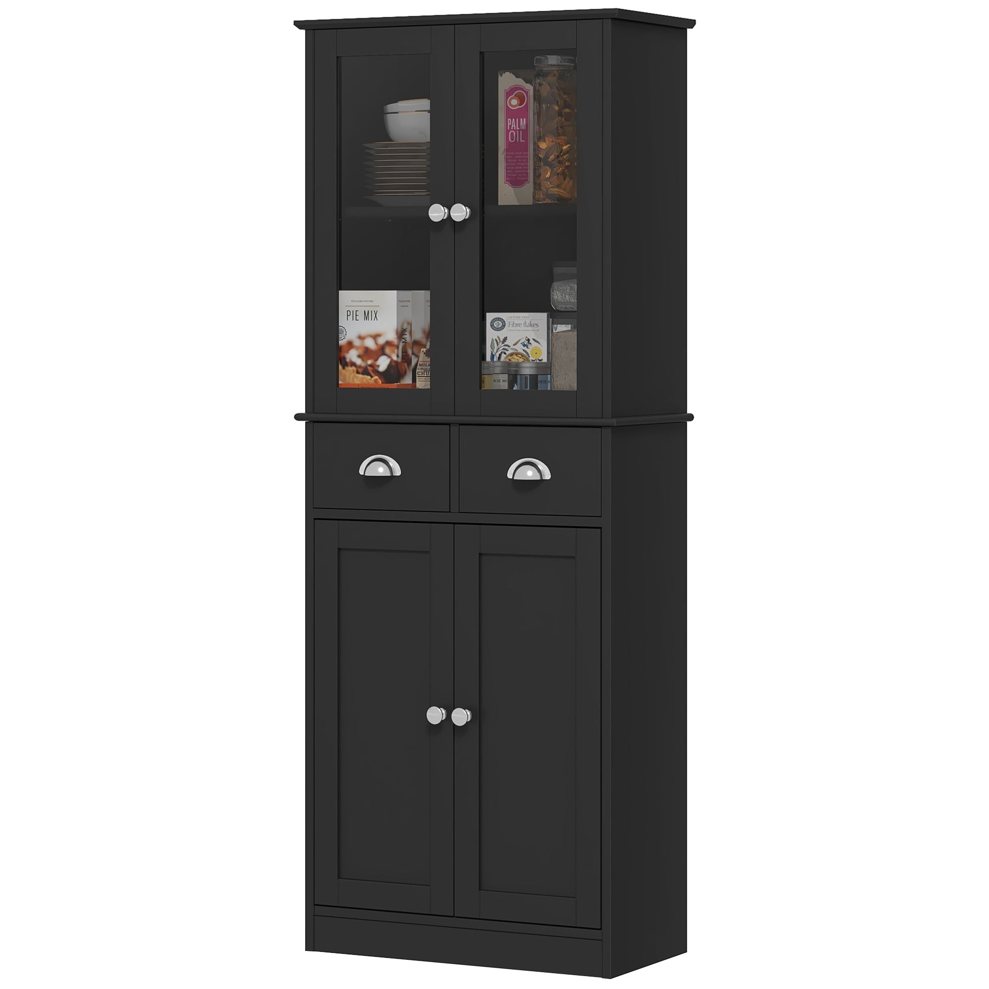 HOMCOM 61" Kitchen Pantry Cabinet, Freestanding Farmhouse Storage Cabinet with Soft Close Glass Doors and Adjustable Shelves, Black 