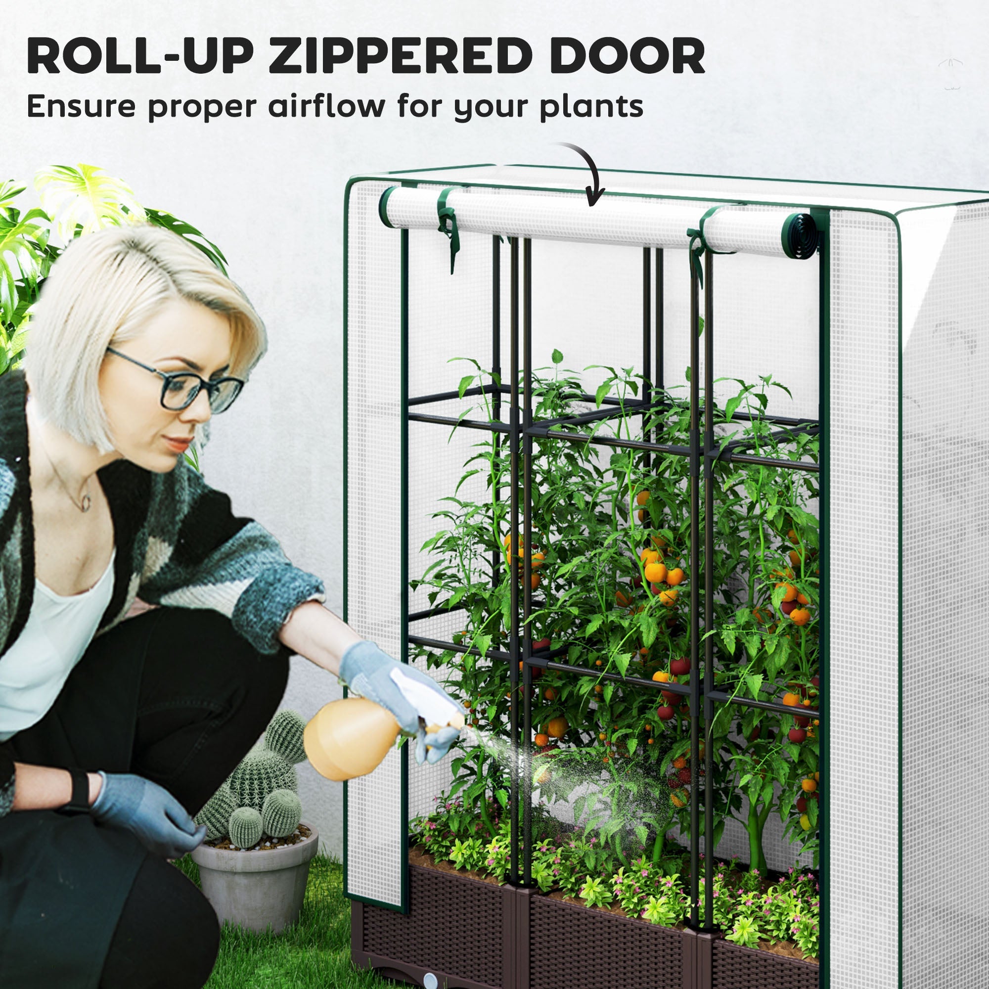Outsunny Raised Garden Bed Kit with Trellis, Plastic Raised Flower Bed with PE Cover and Zipper Door, 47 x 16 x 50 inch 