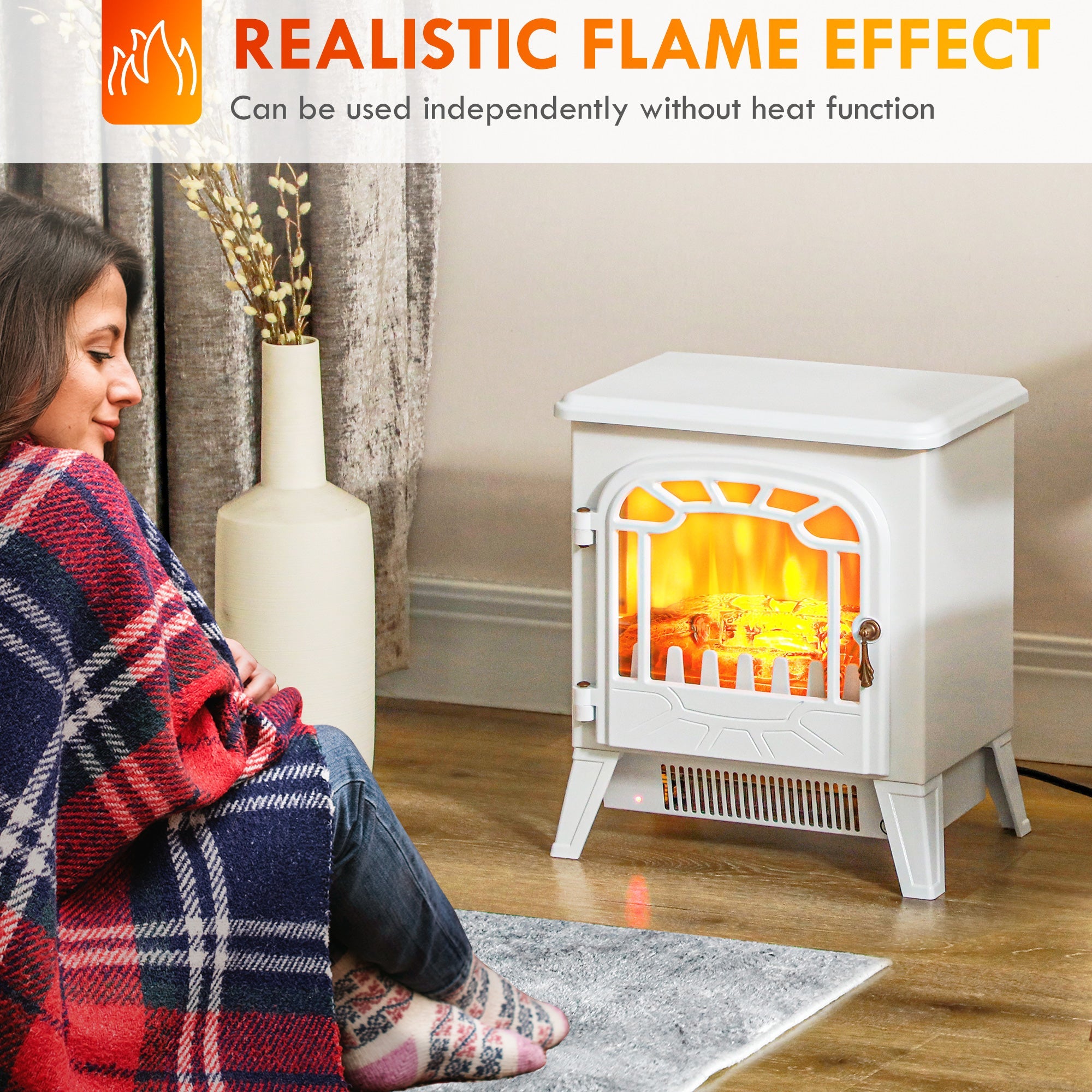 HOMCOM Freestanding Electric Fireplace Stove Heater with Overheat Protection and Realistic Flame Effect, 750W/1500W, White 