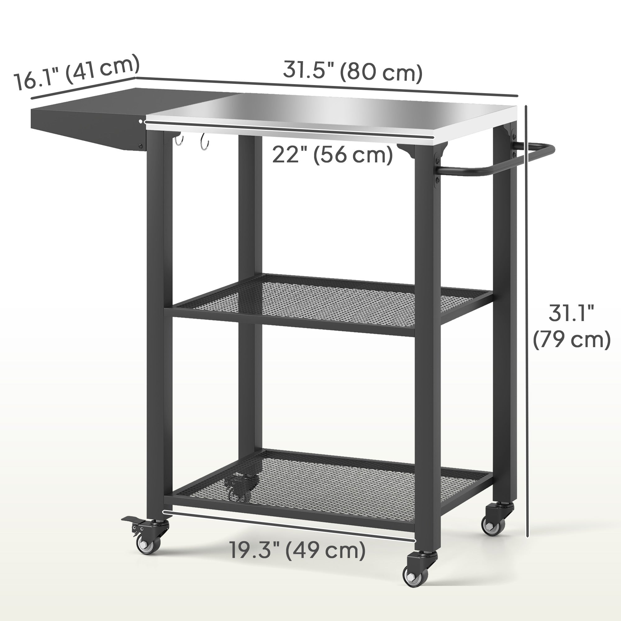 Outsunny Outdoor Grill Cart w/ Foldable Side Table, 3-Tier Pizza Oven Stand w/ Stainless Steel Tabletop, Hooks, Wheels 