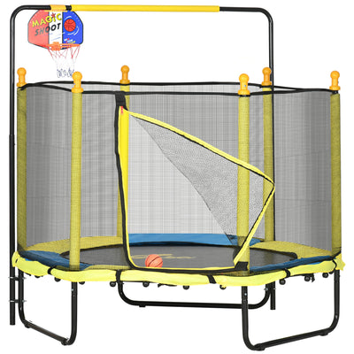 Qaba 4.6ft Kids Trampoline with Basketball Hoop, Horizontal Bar with Net for Children Ages 3-10, Yellow 