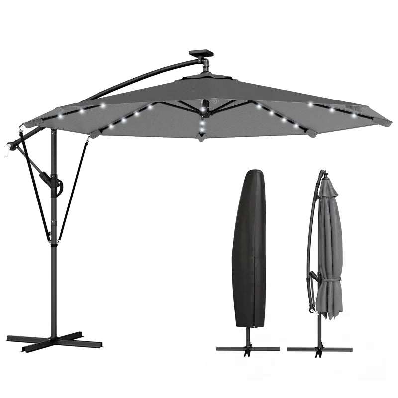 9.7ft Solar LED Cantilever Patio Umbrella with 32 LED Lights, Cross Base, Crank Handle, for Poolside, Deck, Dark Grey
