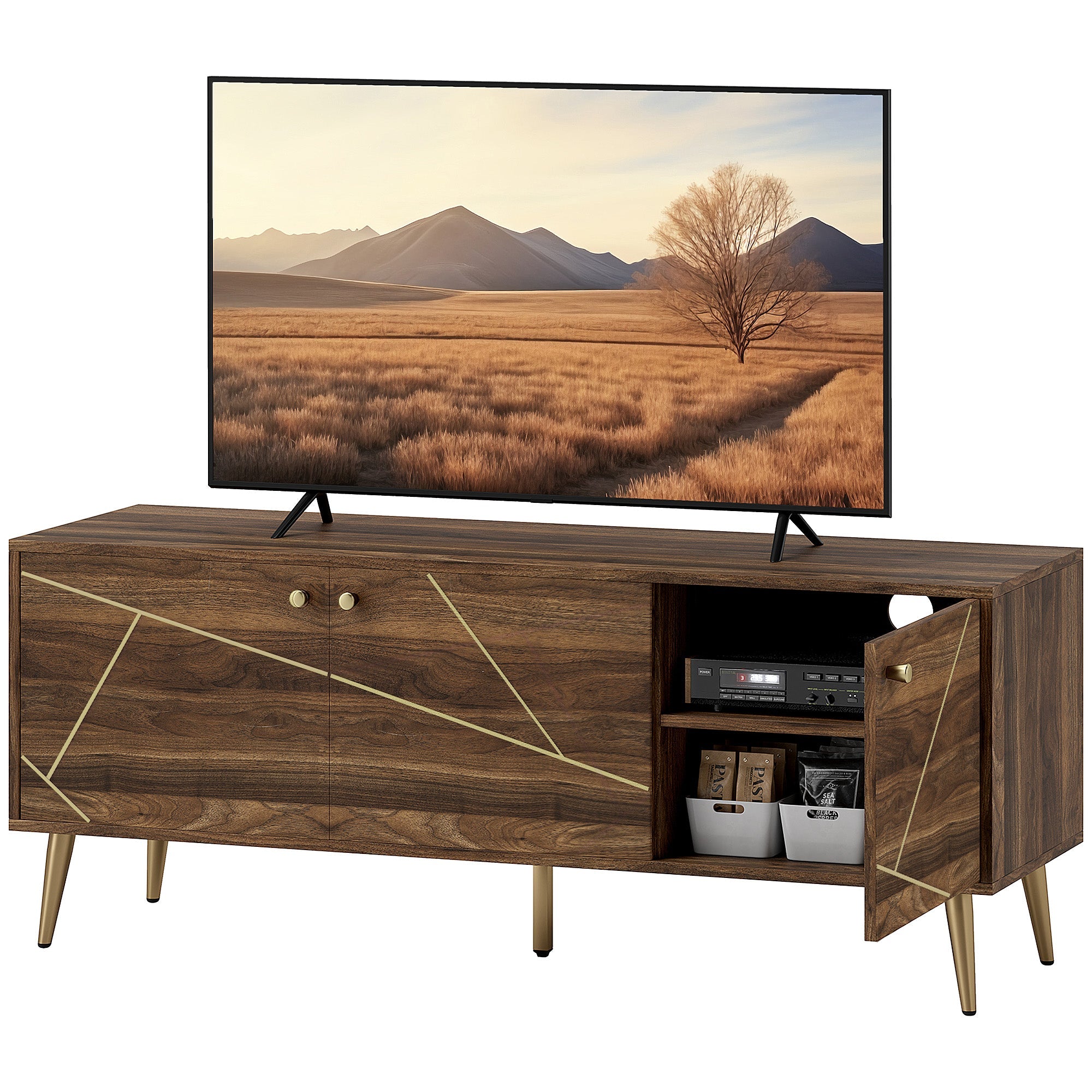 HOMCOM Modern TV Stand for up to 60" TV, TV Cabinet with Adjustable Shelves, Cable Management for Living Room, Rustic Brown 