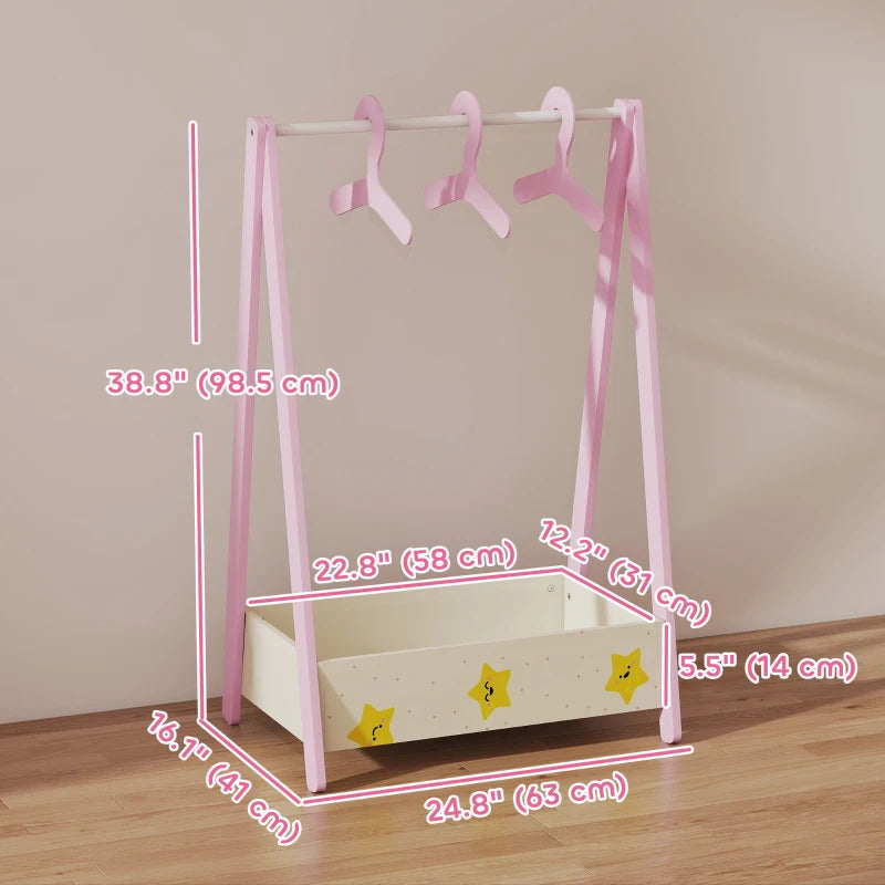 Qaba Kids Clothing Rack with Storage Shelf, Hangers, for Nursery Room, Living Room, Playroom, Pink