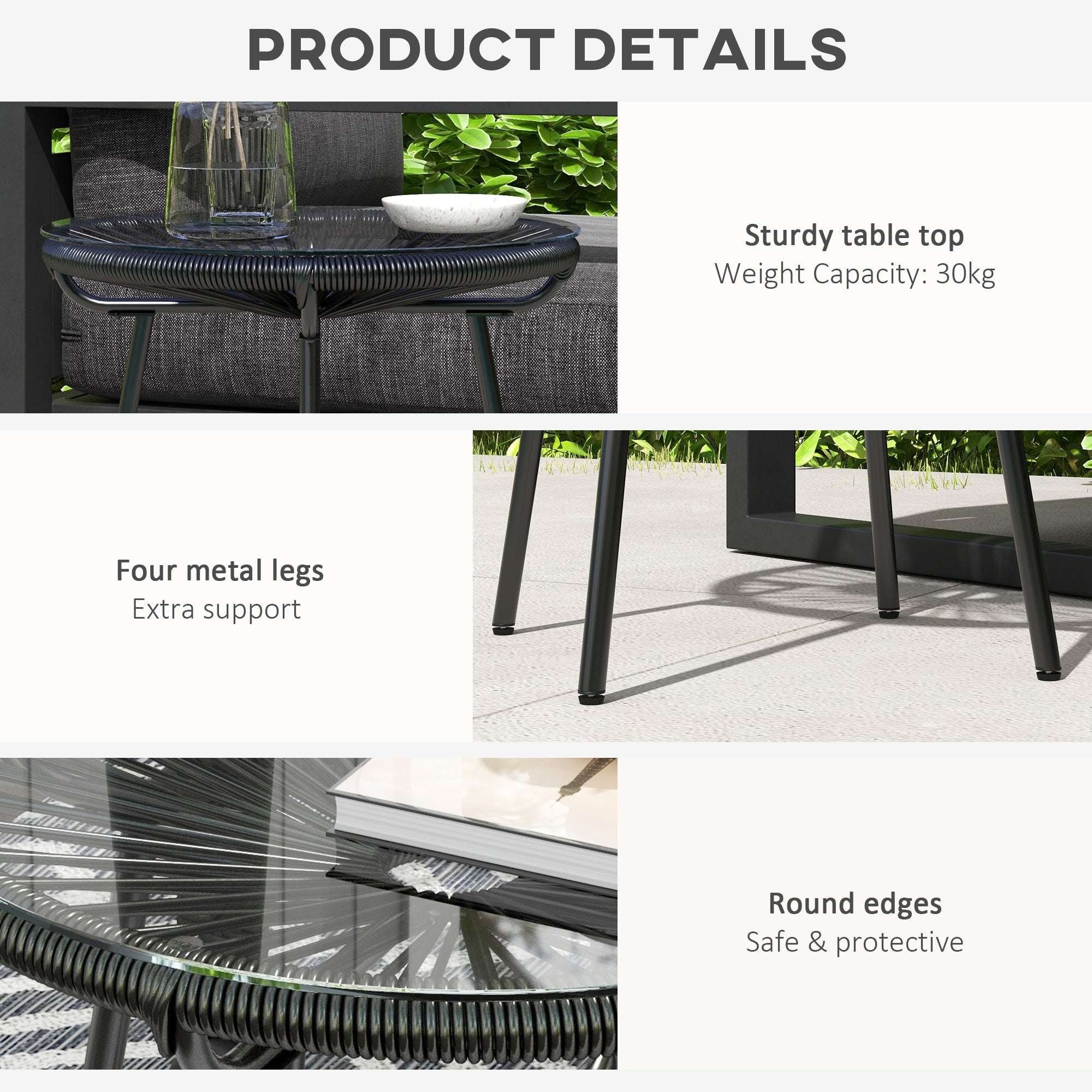 Outsunny Rattan Side Table, Round Outdoor Table, with Round PE Rattan and Tempered Glass Table Top for Patio, Garden, Black 