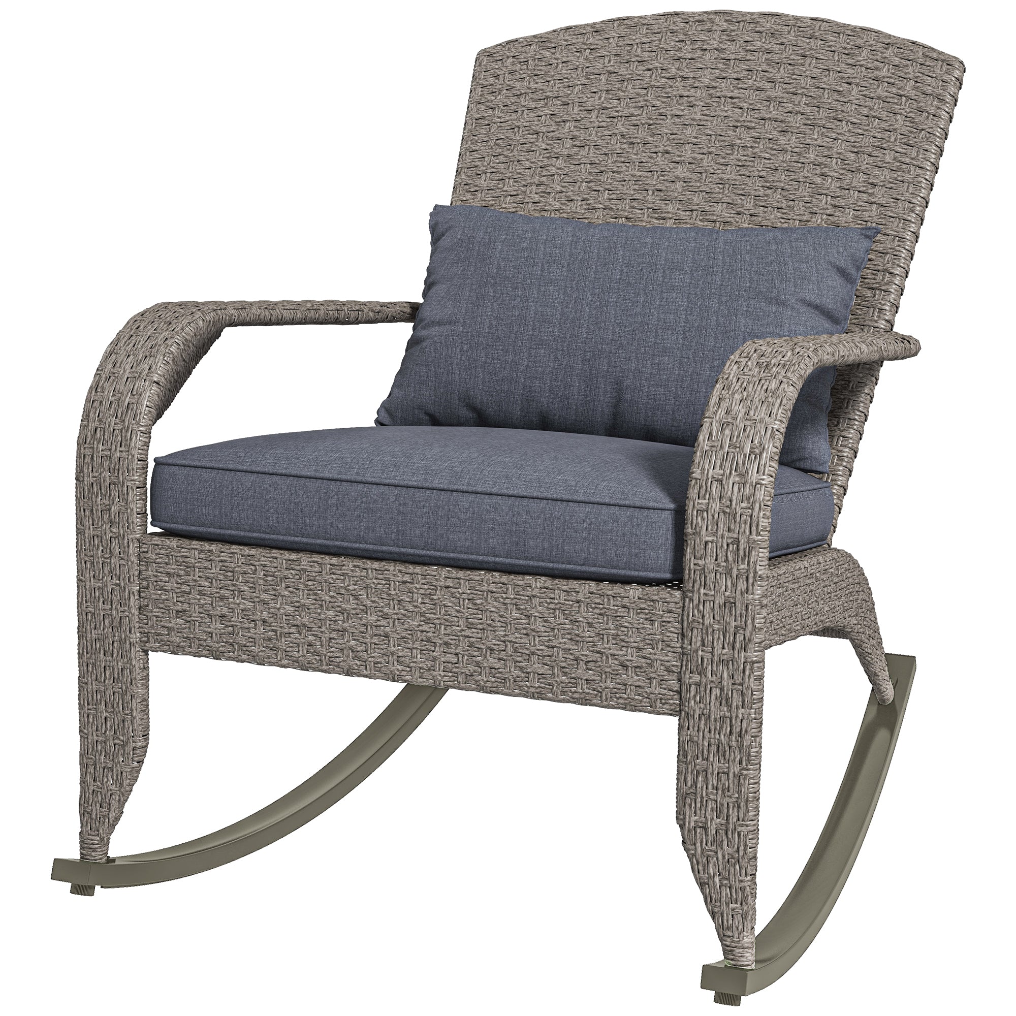 Outsunny Adirondack Chair, Outdoor Wicker Rocking Chair with High Back, Seat Cushion and Pillow for Porch, Balcony, Grey 