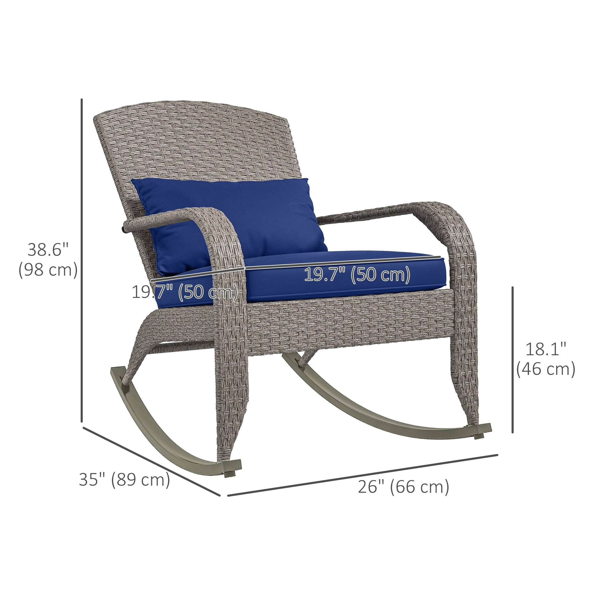 Outsunny Adirondack Chair, Outdoor Wicker Rocking Chair with High Back, Seat Cushion and Pillow for Porch, Balcony, Dark Blue 