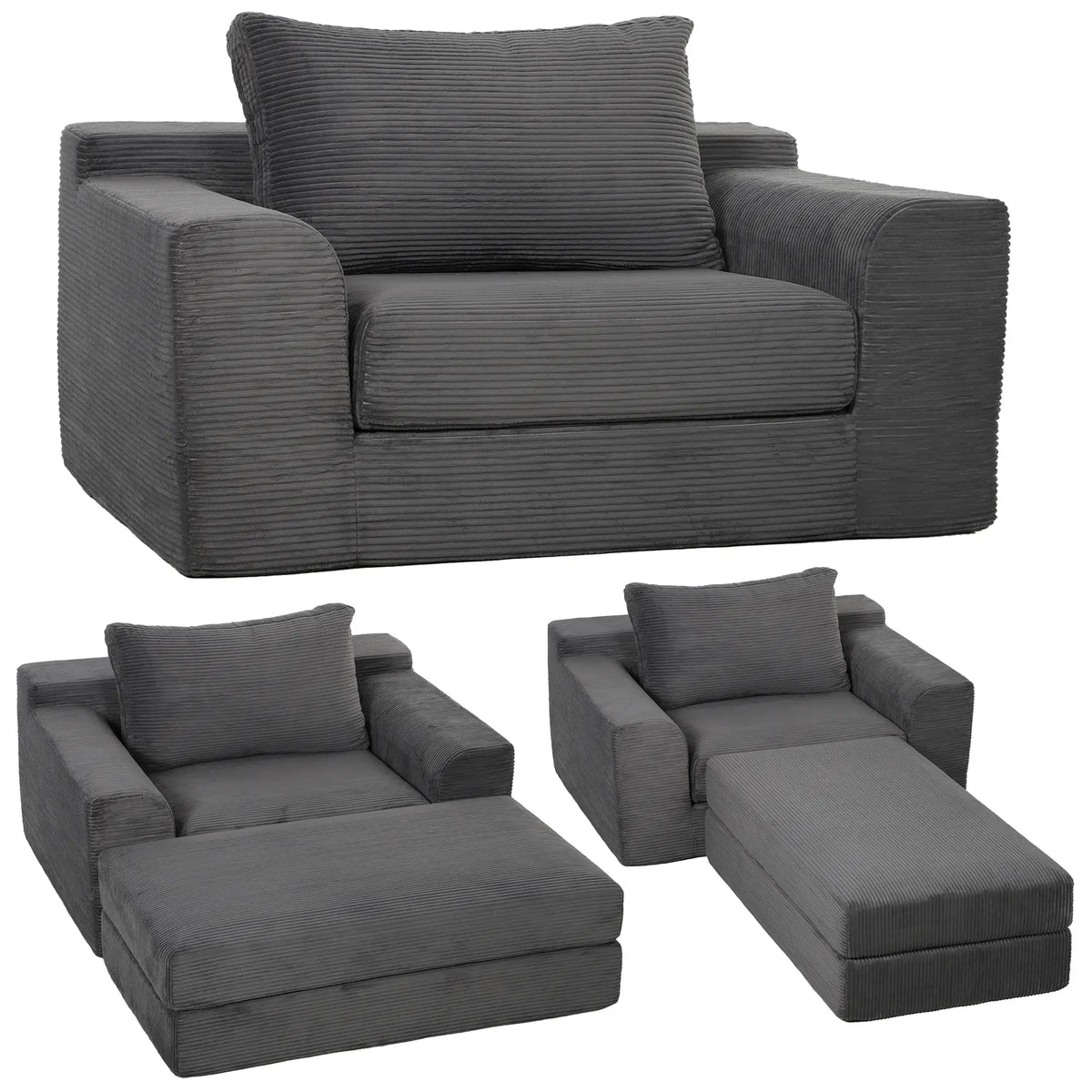 51.2-Inch Folding Chair Bed with Pillow, Corduroy Upholstered Sleeper Chair, Modular Floor Sofa, Dark Grey