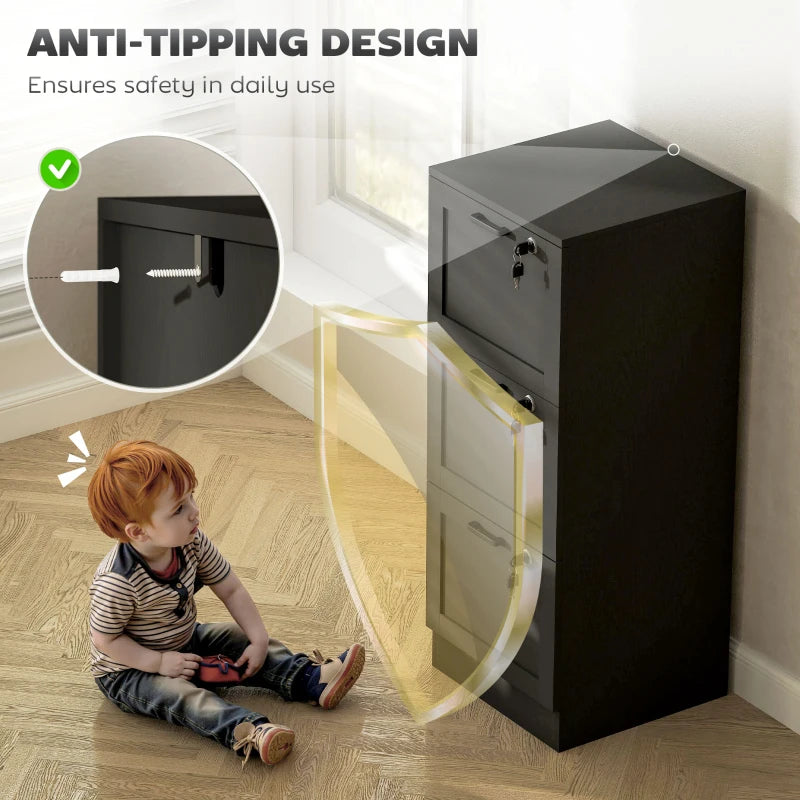 Vertical Filing Cabinet with 3 Drawers, Lock, File Cabinet for Home Office, A4 and Letter Size Files, Black