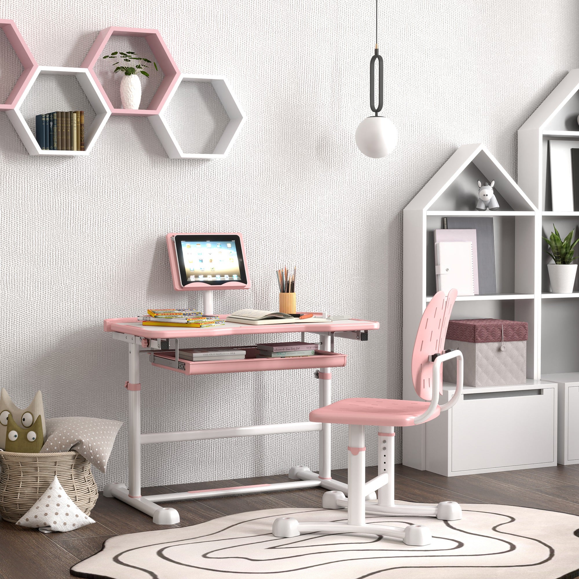 Qaba Height Adjustable Kids Desk and Chair Set with Tilt Desktop, Large Writing Board, Storage Drawer, Book Stand, Pink 