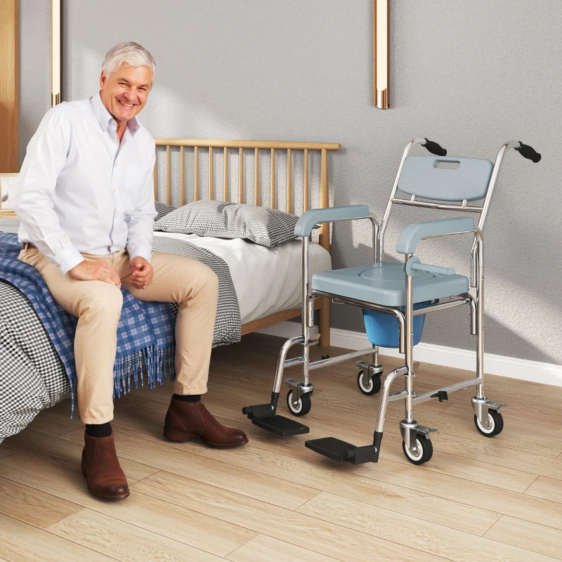 Rolling Shower Chair, Bedside Commode Chair with Wheels, Backrest, Arms, Flip Footrests for Seniors, Disabled, Grey