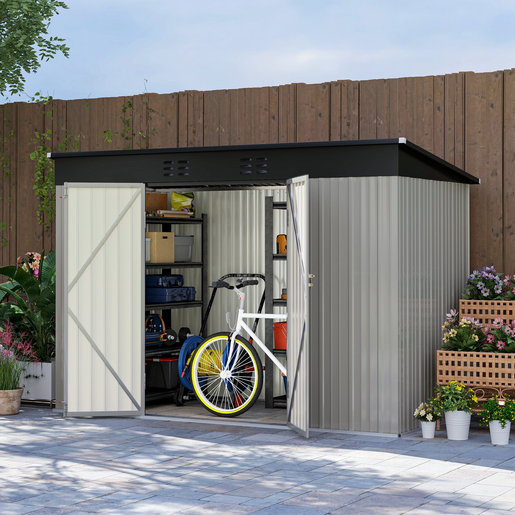 Outsunny 9' x 4' Galvanized Steel Garden Storage Shed with Lockable Doors, Gloves and 2 Air Vents for Backyard, Patio, Lawn 