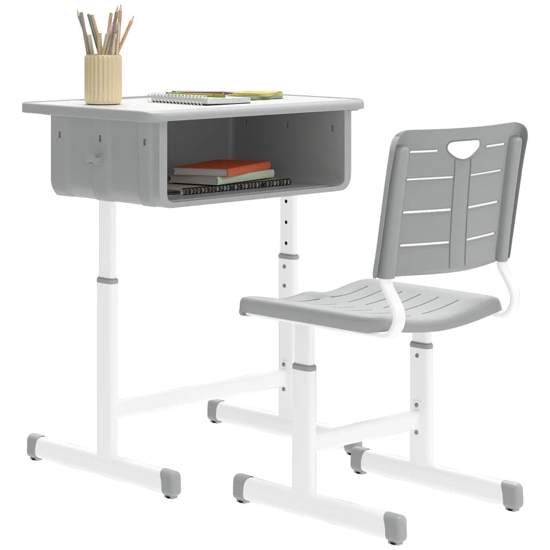 Qaba Kids Desk and Chair Set, Height Adjustable Children Study Desk and Chair with Drawer, Study Table for Bedroom, Grey