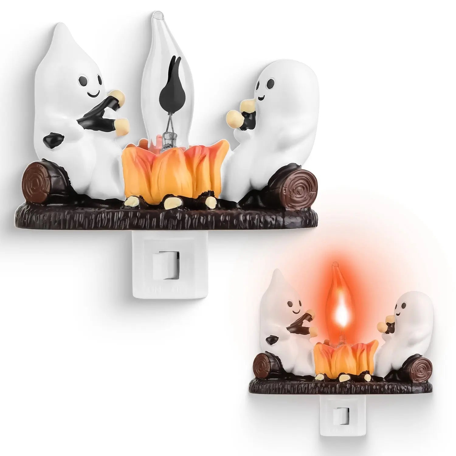 2Pcs Ghost Campfire Flickering Flame Night Light Indoor 3D Funny Halloween Nightlight Decoration Bedroom Night Light Halloween Decoration Gift For Friend Family 