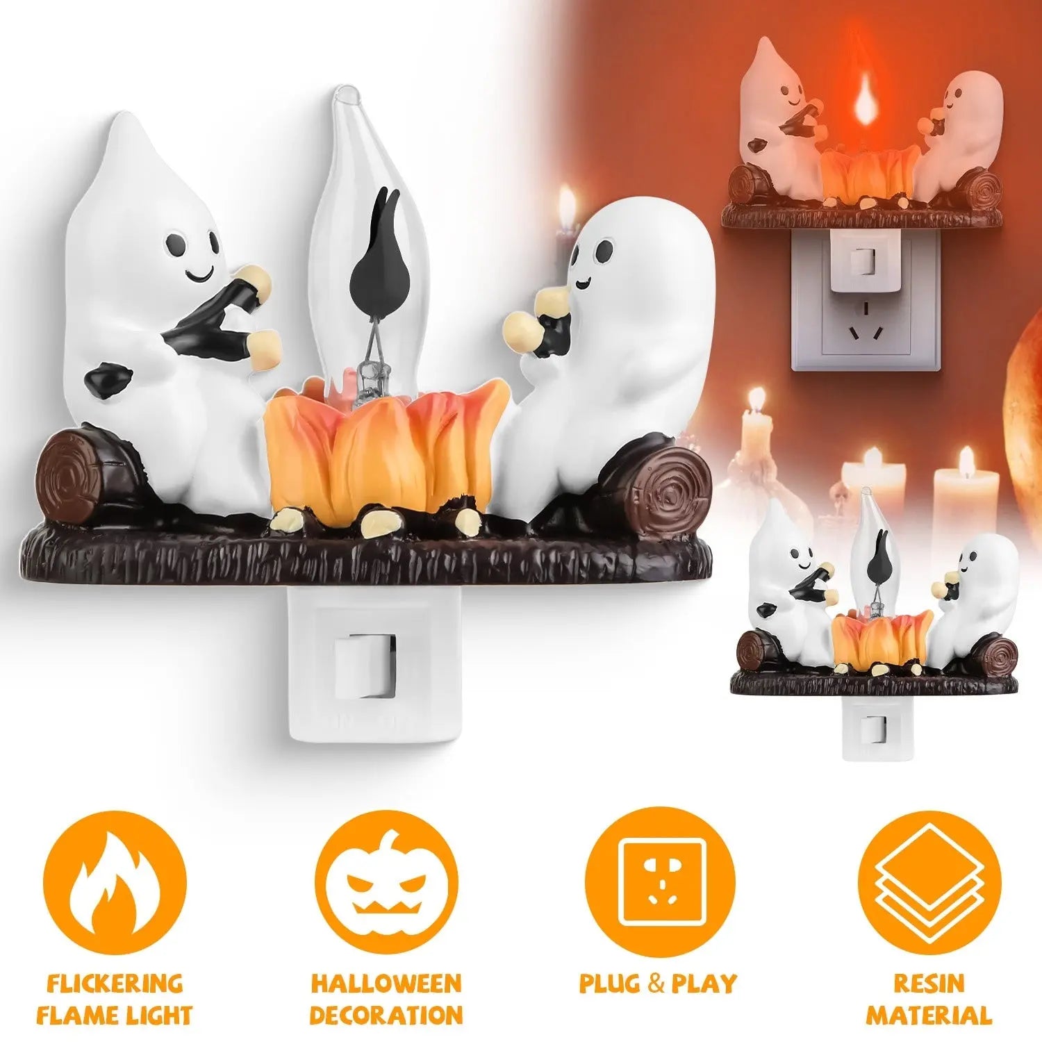 2Pcs Ghost Campfire Flickering Flame Night Light Indoor 3D Funny Halloween Nightlight Decoration Bedroom Night Light Halloween Decoration Gift For Friend Family 