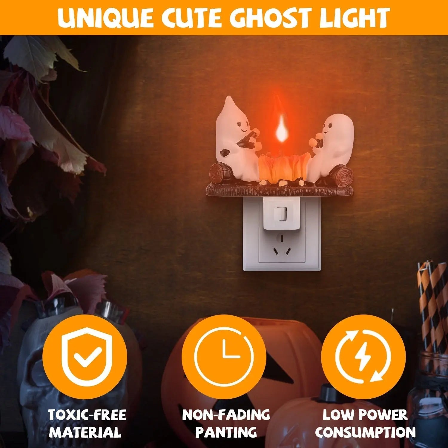 2Pcs Ghost Campfire Flickering Flame Night Light Indoor 3D Funny Halloween Nightlight Decoration Bedroom Night Light Halloween Decoration Gift For Friend Family 