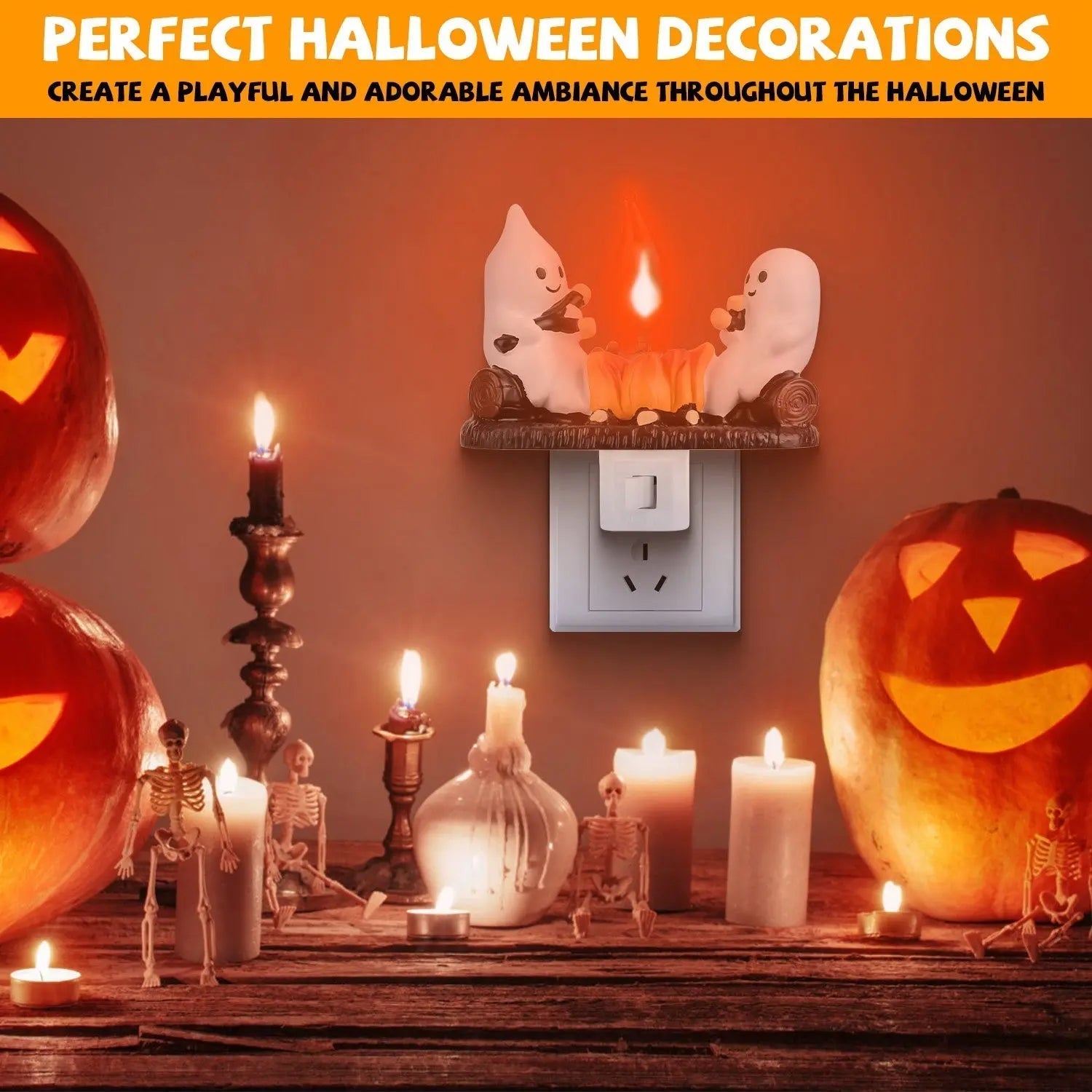 2Pcs Ghost Campfire Flickering Flame Night Light Indoor 3D Funny Halloween Nightlight Decoration Bedroom Night Light Halloween Decoration Gift For Friend Family 