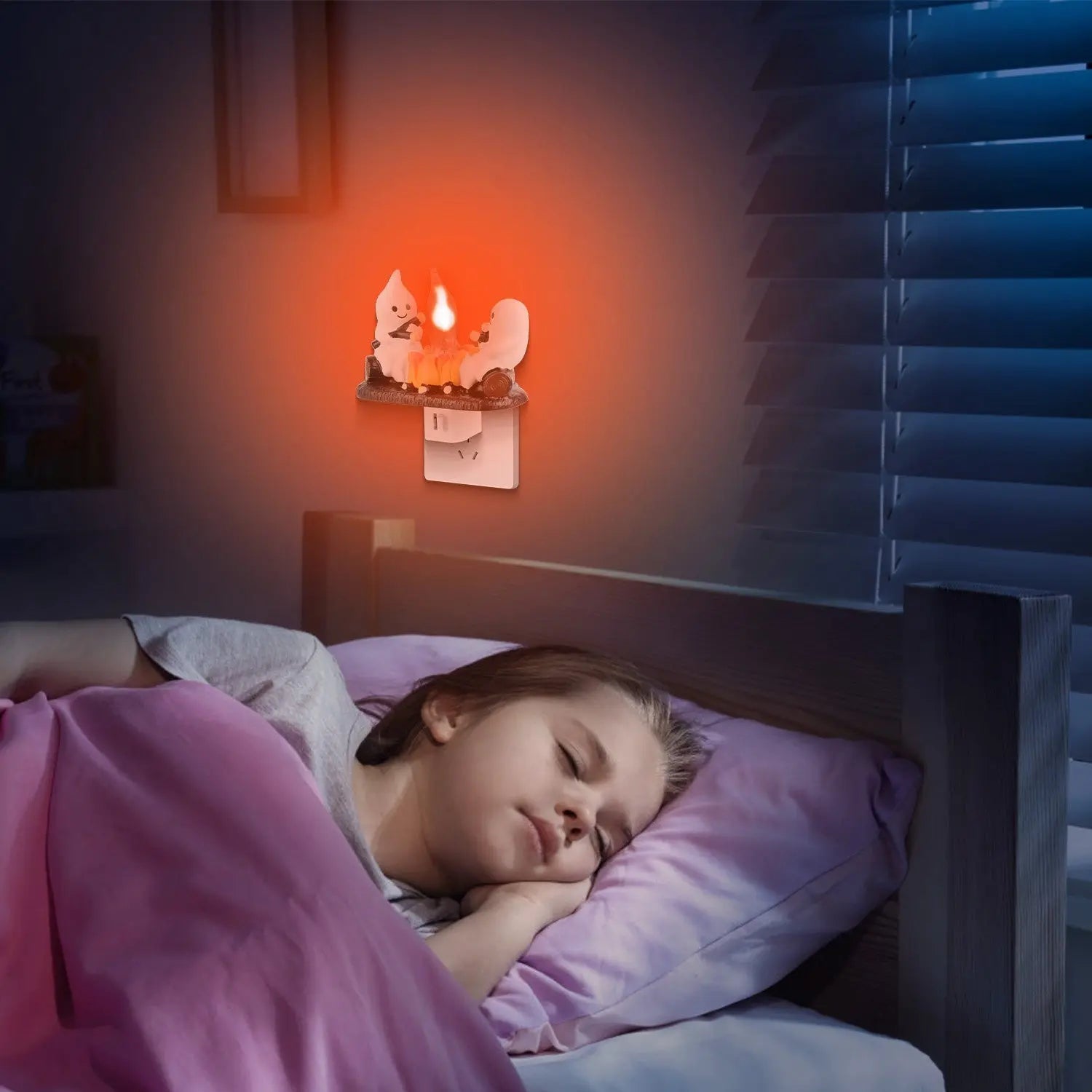 2Pcs Ghost Campfire Flickering Flame Night Light Indoor 3D Funny Halloween Nightlight Decoration Bedroom Night Light Halloween Decoration Gift For Friend Family 