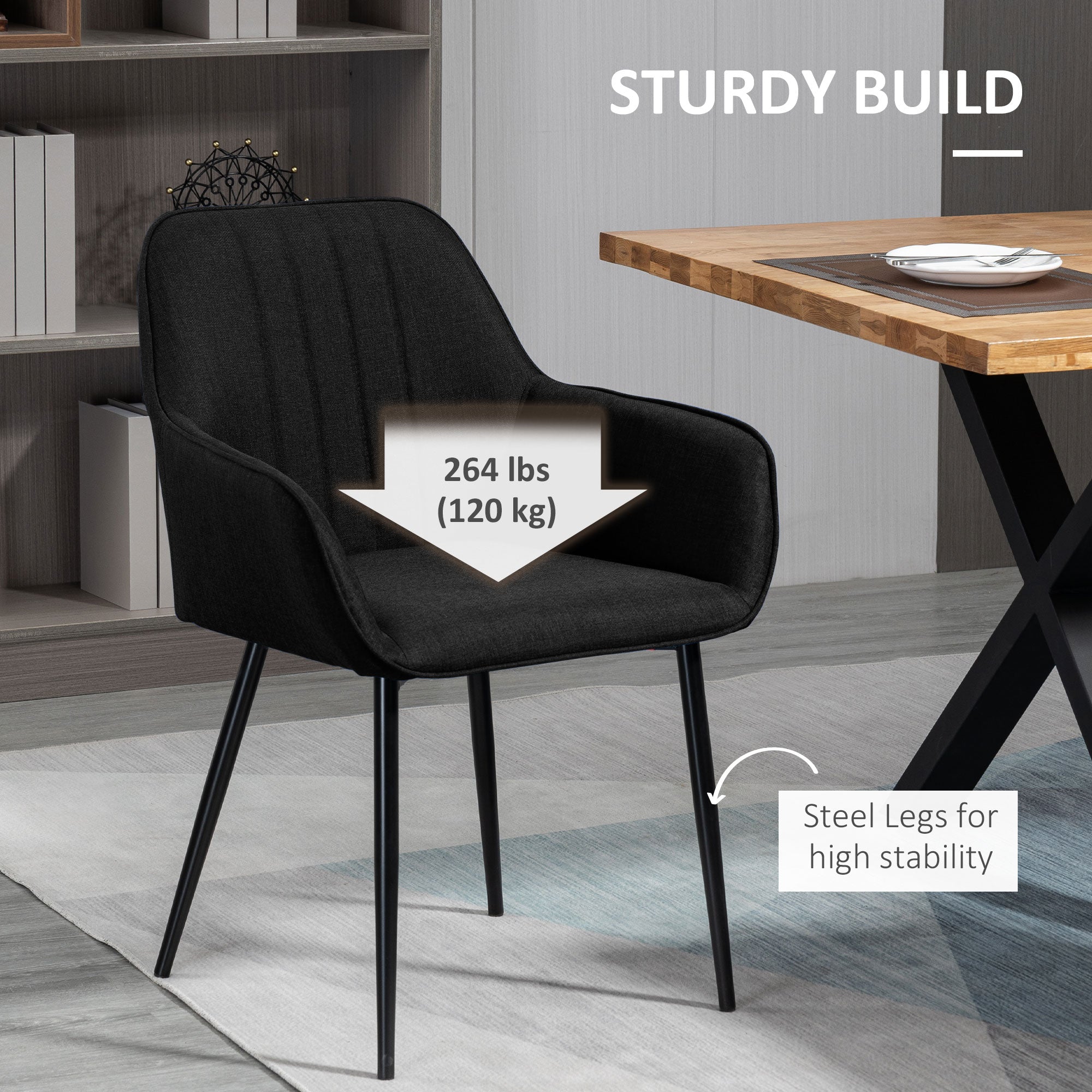 HOMCOM Upholstered Linen Fabric Accent Dining Chairs Set of 2 Metal Legs Black 