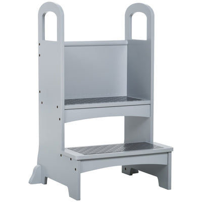 Qaba Kids Step Stool with 2 Steps Support Handles Non-Slip Hardwood Stepping Stool for Children Kitchen Helper Grey 