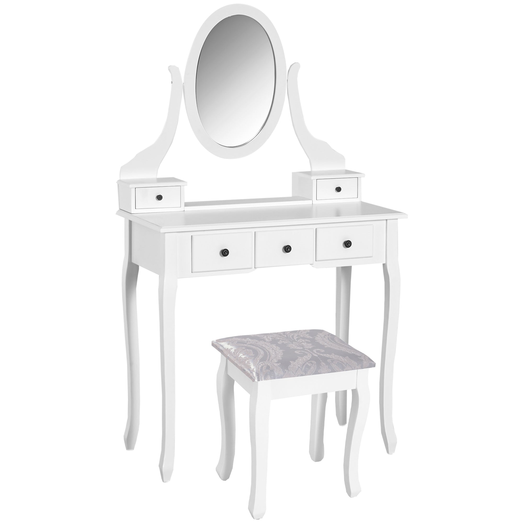 HOMCOM Wooden Vanity Table Set, Makeup Dressing Table with 360° Rotating, 5 Drawers and Padded Stool, White 